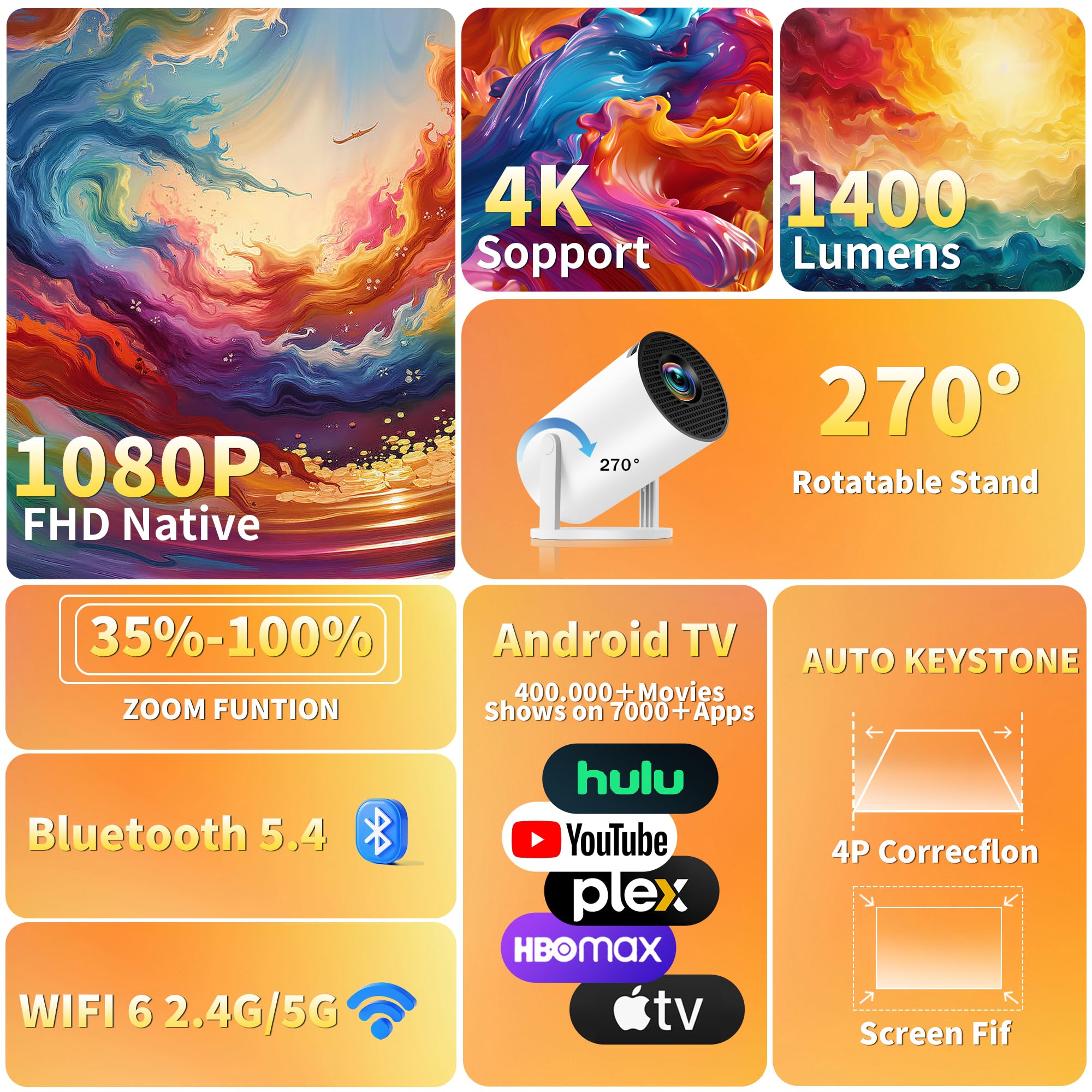 [Built-in Apps & 2025 Upgraded] Mini Projector with WiFi 6 and Bluetooth 5.4 Support 4K 1080P Auto Keystone 270° Rotatable Projector Portable Compatibile with HDMI/TV Stick/Memory Stick - White