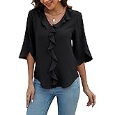 Blooming Jelly Womens Dressy Casual Blouses 3/4 Sleeve V Neck Ruffle Tops Business Ladies Summer Trendy Fashion Work Shirt