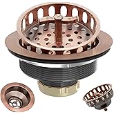 EXAKEY Kitchen Sink Drain Assembly 3-1/2 Inch Stainless Steel Kitchen Drain with T-Shaped Sink Strainer Basket and Drain Stopper for Standard Kitchen Sink Antique Copper