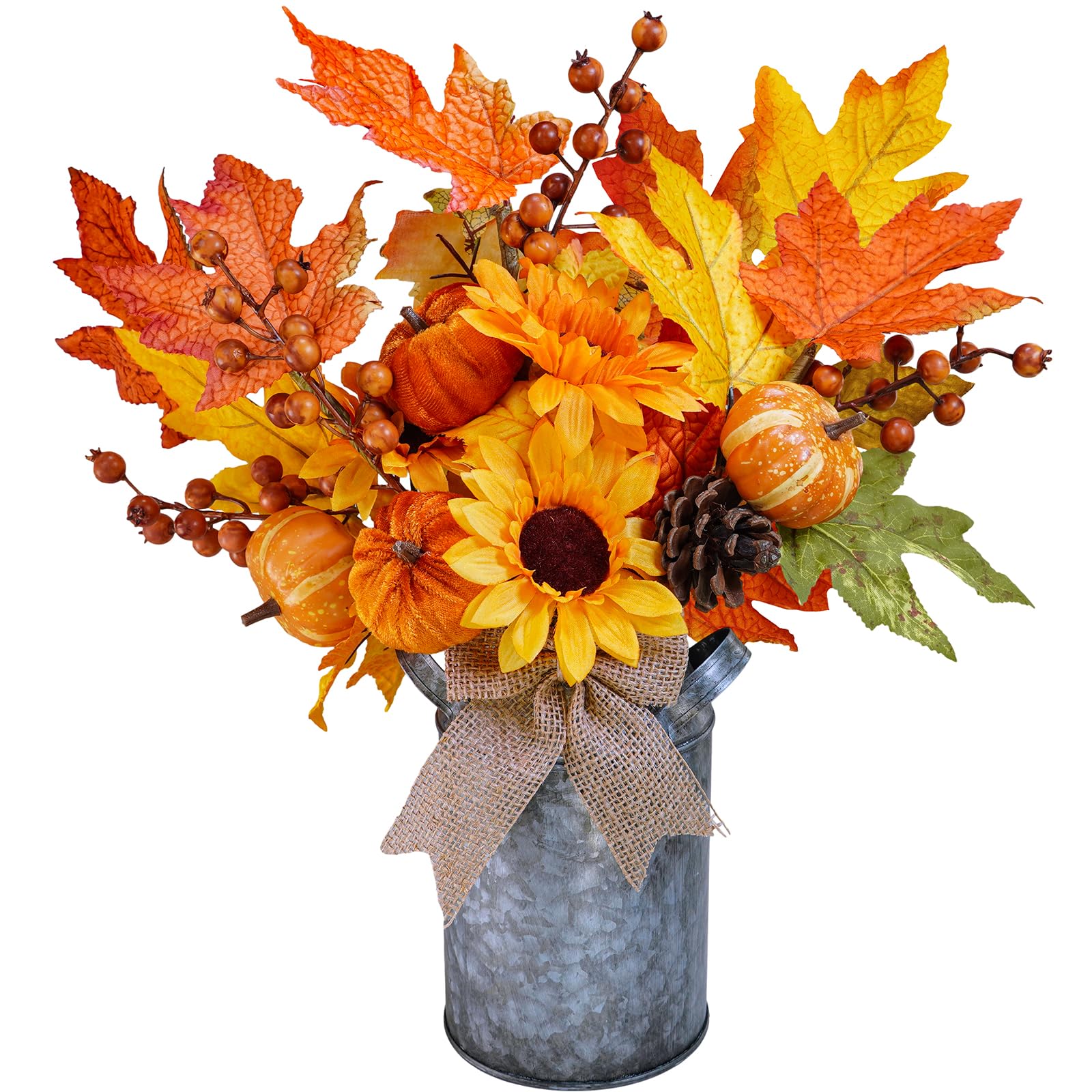 Photo 1 of Winlyn 1 Pc Fall Farmhouse Centerpiece Rustic Metal Milk Jug Fall Arrangement Autumn Harvest Orange Artificial Pumpkin Pinecone Sunflower Berry Maple Leaf Centerpiece for Thankgiving Table Decoration