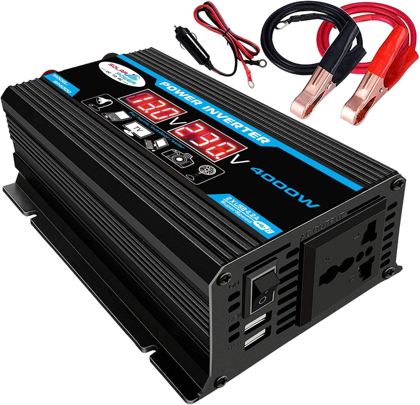Shumo Car Inverter 4000W Voltage Transformer Pure Sine Wave Power Inverter DC12V to AC 220V Converter+2 LED Display