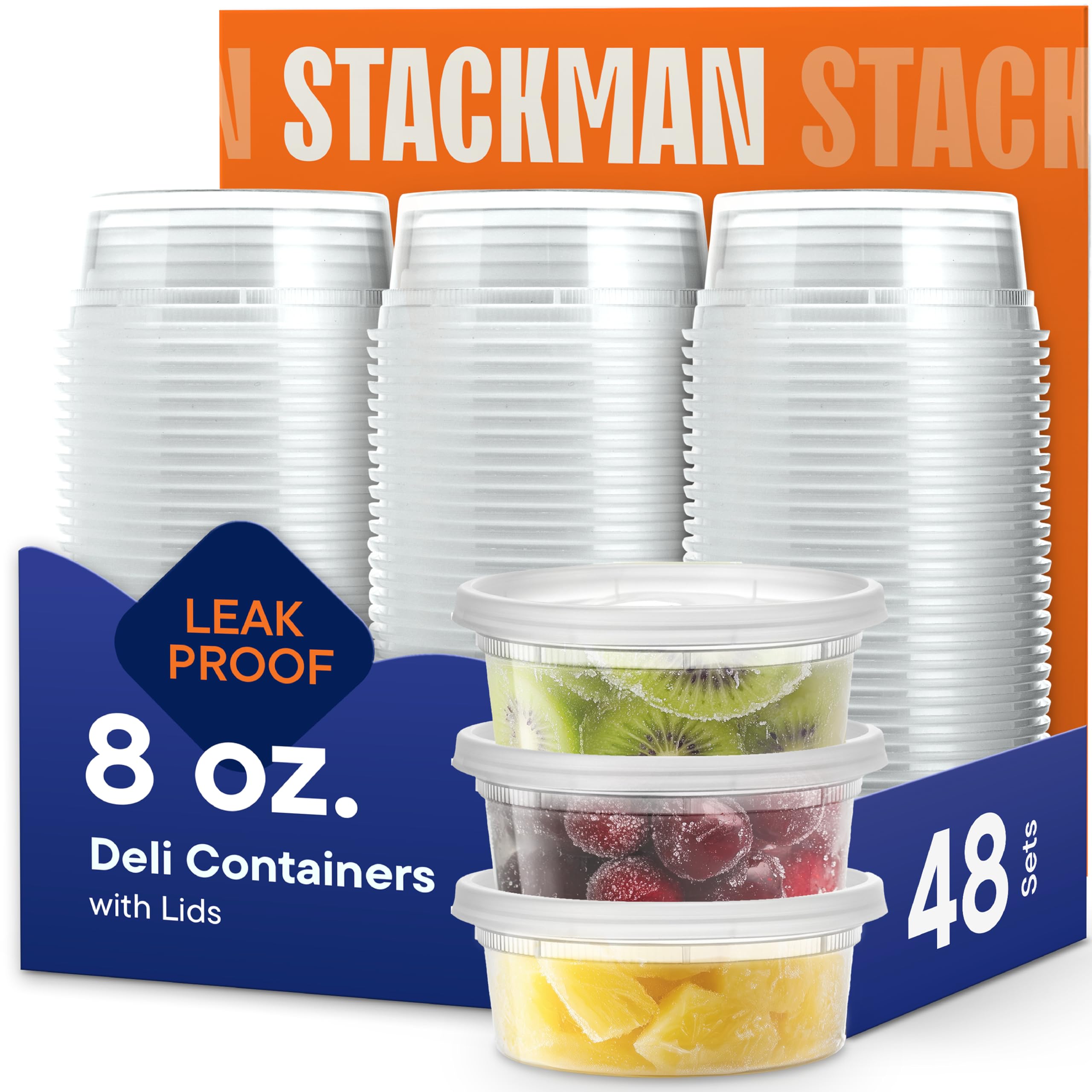 Photo 1 of Stack Man [48 Sets - 8 oz.] Plastic Deli Disposable Food Storage Containers with Airtight Lids - Slime Containers with Lids