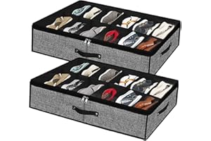 Meerainy Under Bed Shoe Storage Organizer for Closet 2 Pack- Fits 24 Pairs Underbed Shoes Container Boxes with 2 Sturdy Handles and Clear Window,Foldable Shoe Rack Holder,Black