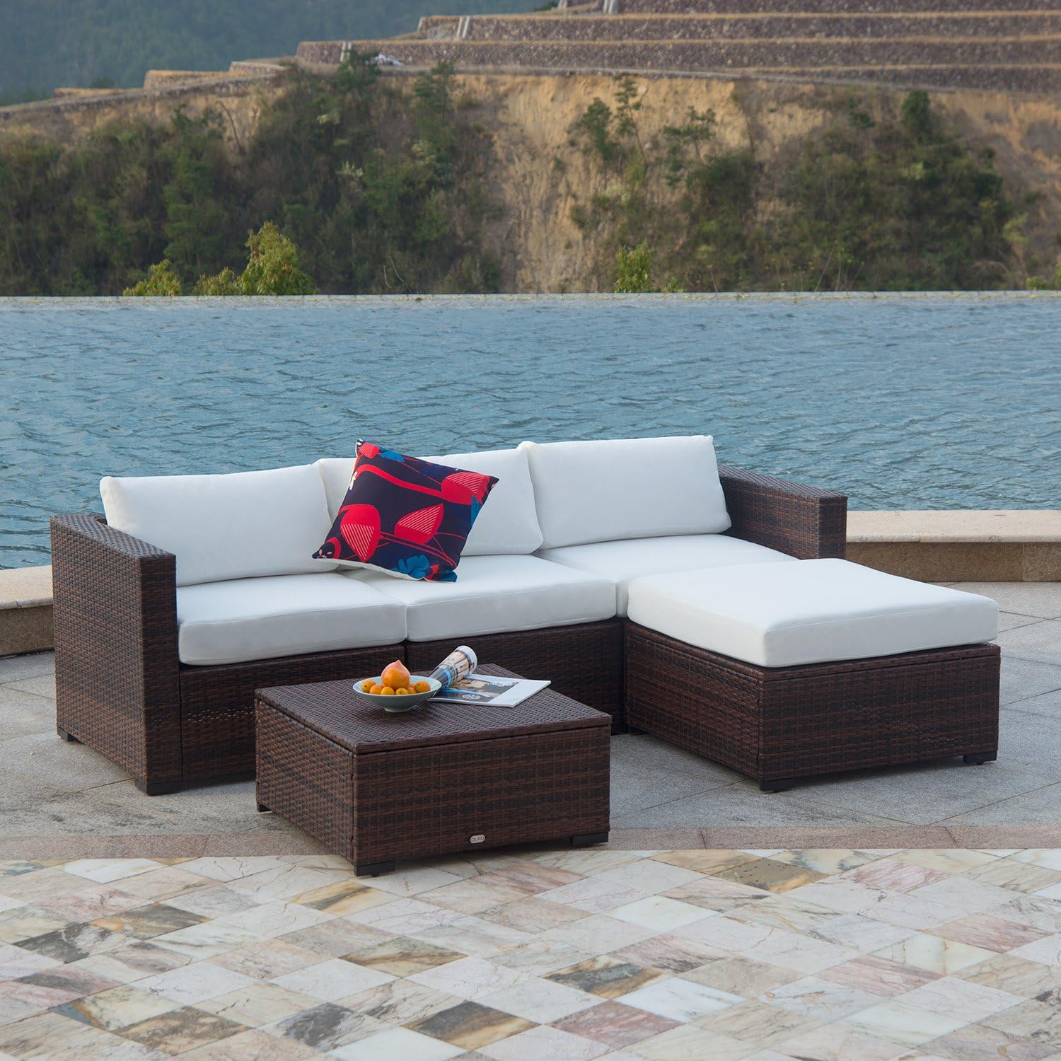 Auro Outdoor Furniture 5-Piece Sectional Sofa Set All-Weather Brown PE Wicker with Water Resistant Olefin Cushions for Patio Backyard Pool | Incl. Waterproof Cover&Clips(White) …