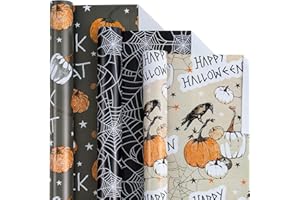 LeZakaa Halloween Wrapping Paper Roll - Mini Roll - Spooky Design with Pumpkins, Ravens, Spider Webs for Gift Wrap, DIY Craft - 17 x 120 inches - 3 Rolls (42.5 sq.ft.ttl.)