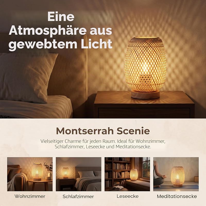 BARCELONA LED Tischlampe Ruka Aus Rattan Und Holz E27