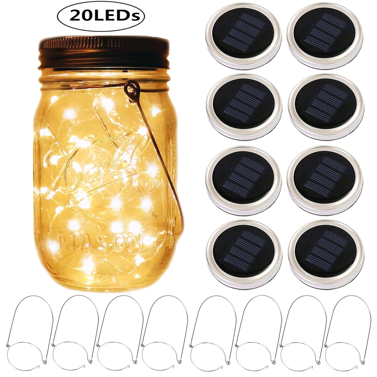 Mason Jar Solar Lantern Lights 8 Pack 20 Leds Fairy Star Firefly