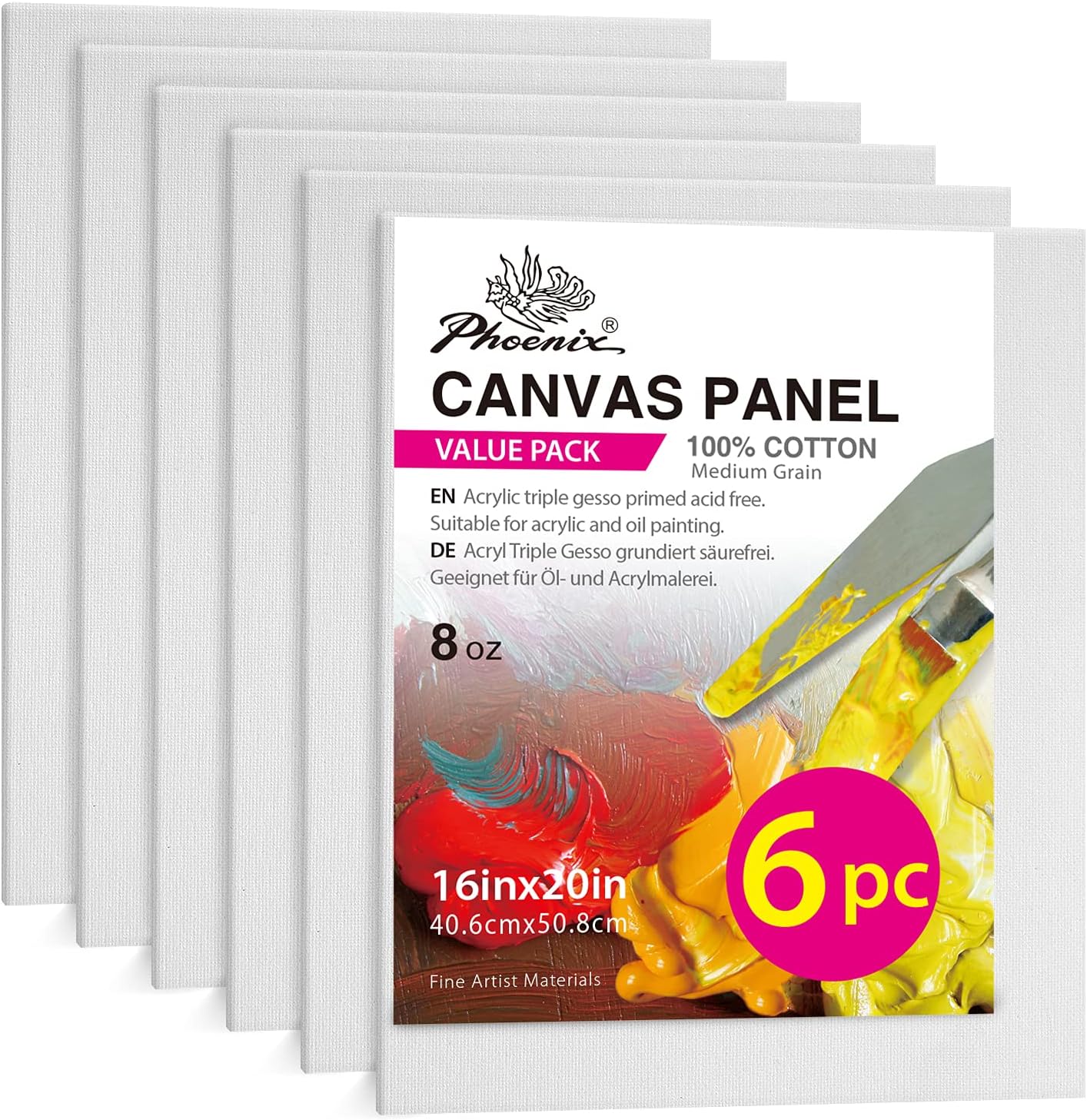PHOENIX Artist Painting Canvas Panels - 16x20 Inch / 6 Pack - Triple Primed Cotton Canvas Boards for Oil & Acrylic Painting: Everything Else