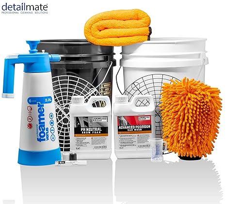 detailmate komplettes Set für das 2 Eimer Wasch System mit 2 Eimern + 2 Einsätzen, Snow Foam, Autoshampoo, Foamer, Waschhands
