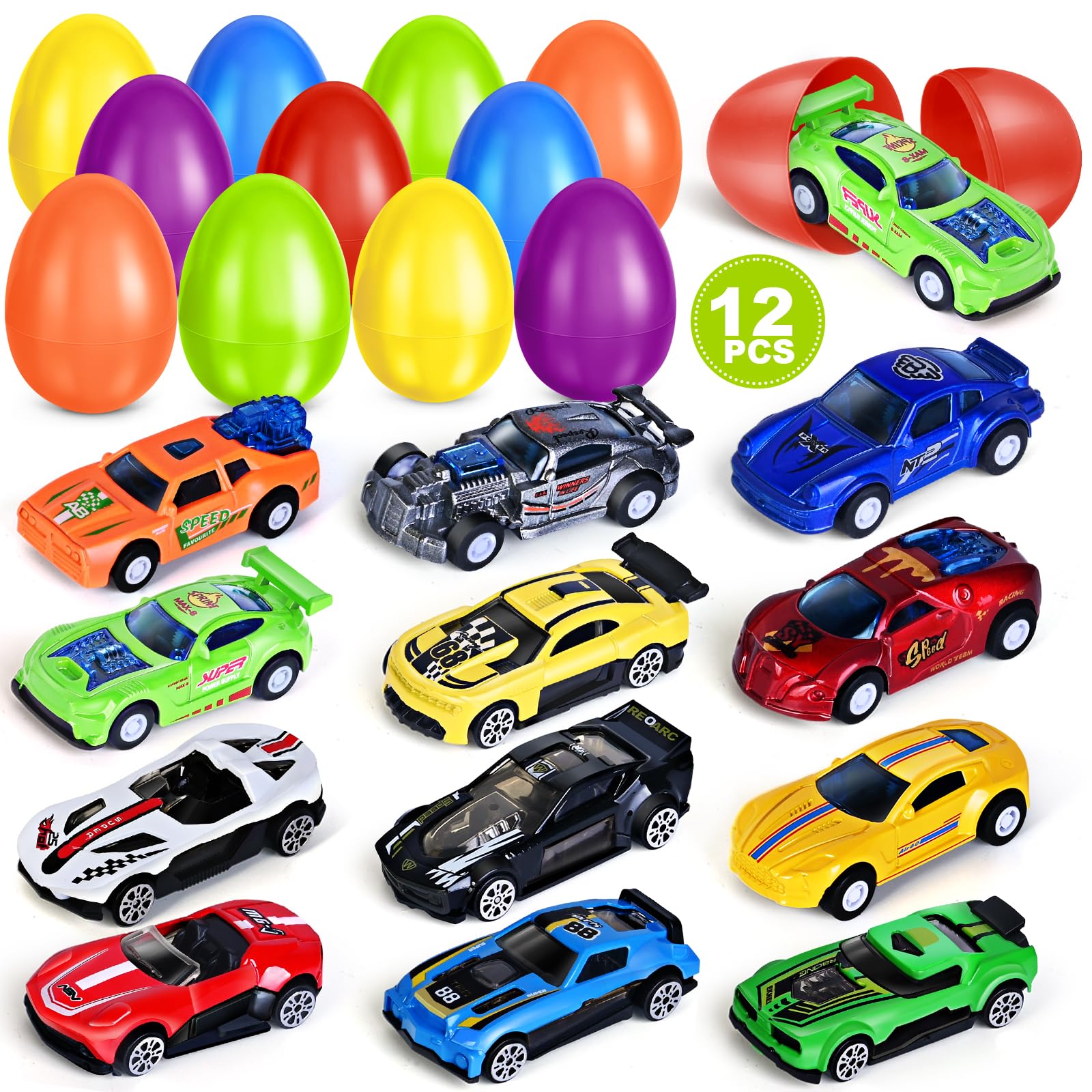 Shemira 12 Pack Prefilled Easter Eggs with Die-cast Racing Cars, Easter Basket Stuffers Fillers for Toddlers Boys,Egg Hunt,Party Favor for Kids,Toys Gifts for Boys Kids