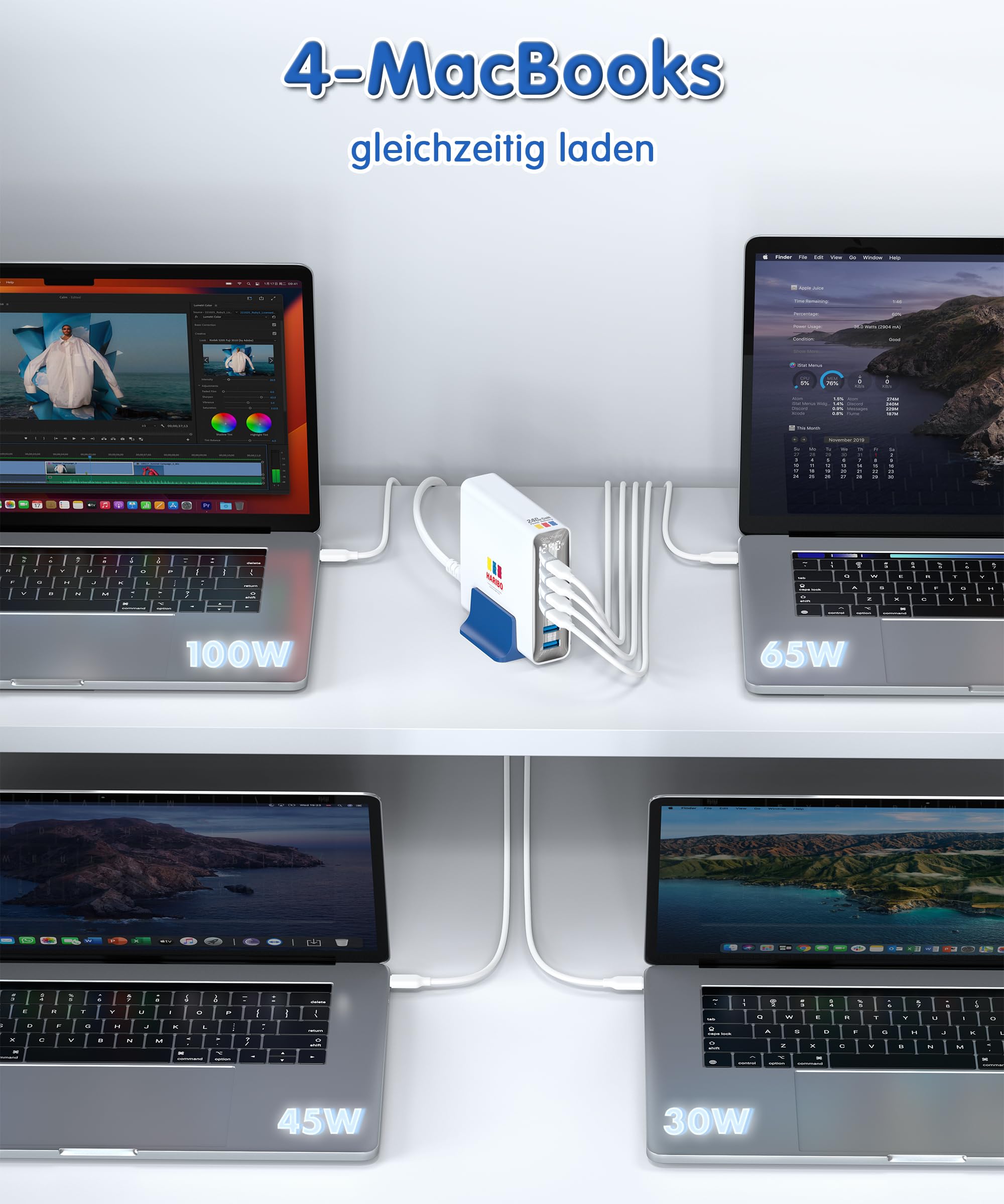 Haribo 240W USB C Ladegerät, 6-Port GaN Schnellladegerät USB-C Netzteil PD3.1 PPS für MacBook Pro/Air, für iPhone 17/16, iPad Pro, Galaxy S25/S24, für Dell XPS/Hp, Laptop ladegerät Geschenk, Blau 8