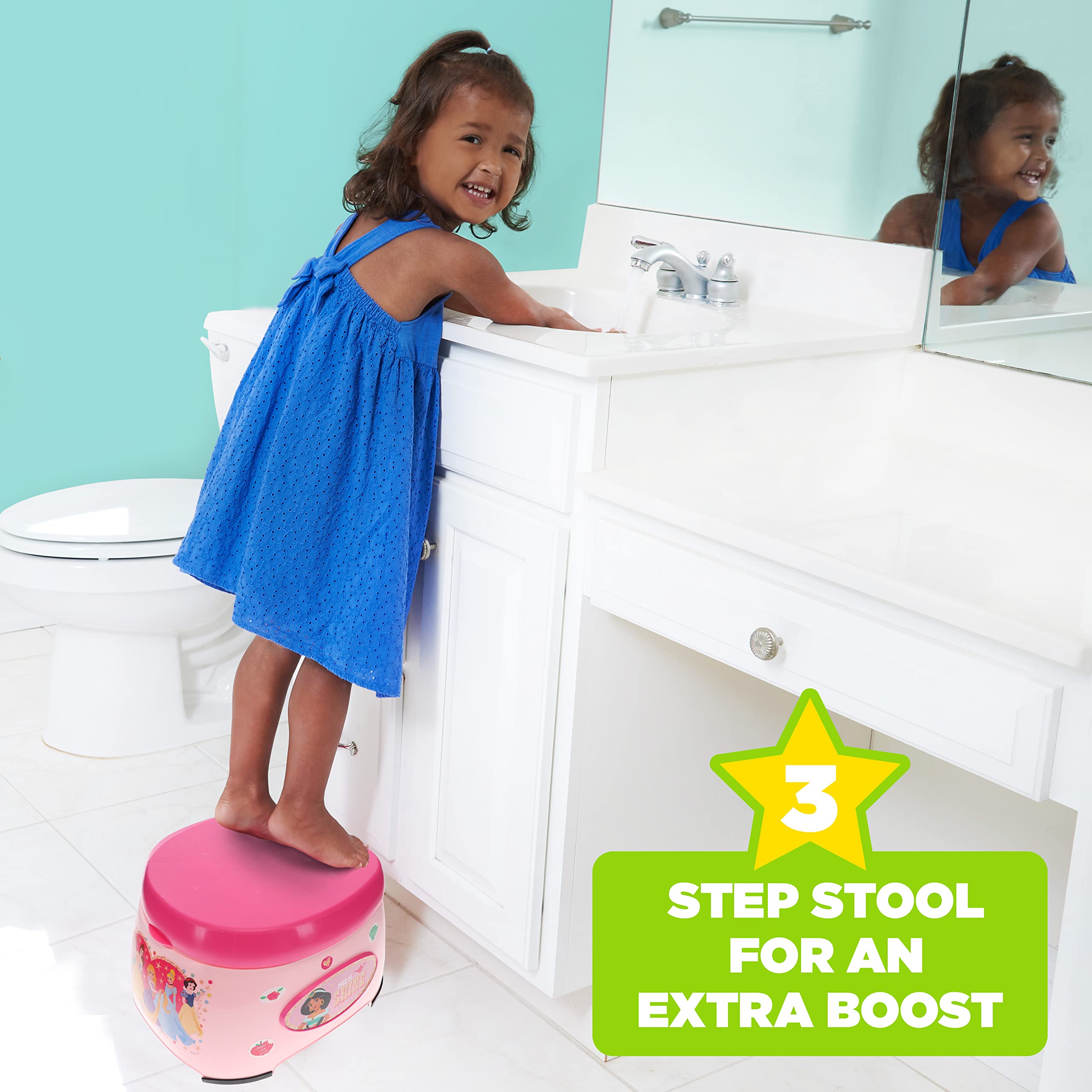 Disney Princess 3-in-1 Potty Training System for Toilet Training Kids, Multi-Stage Potty Training - Floor Potty, Detachable Potty Ring, Step Stool | Toilet Seat for Kids and Toddlers