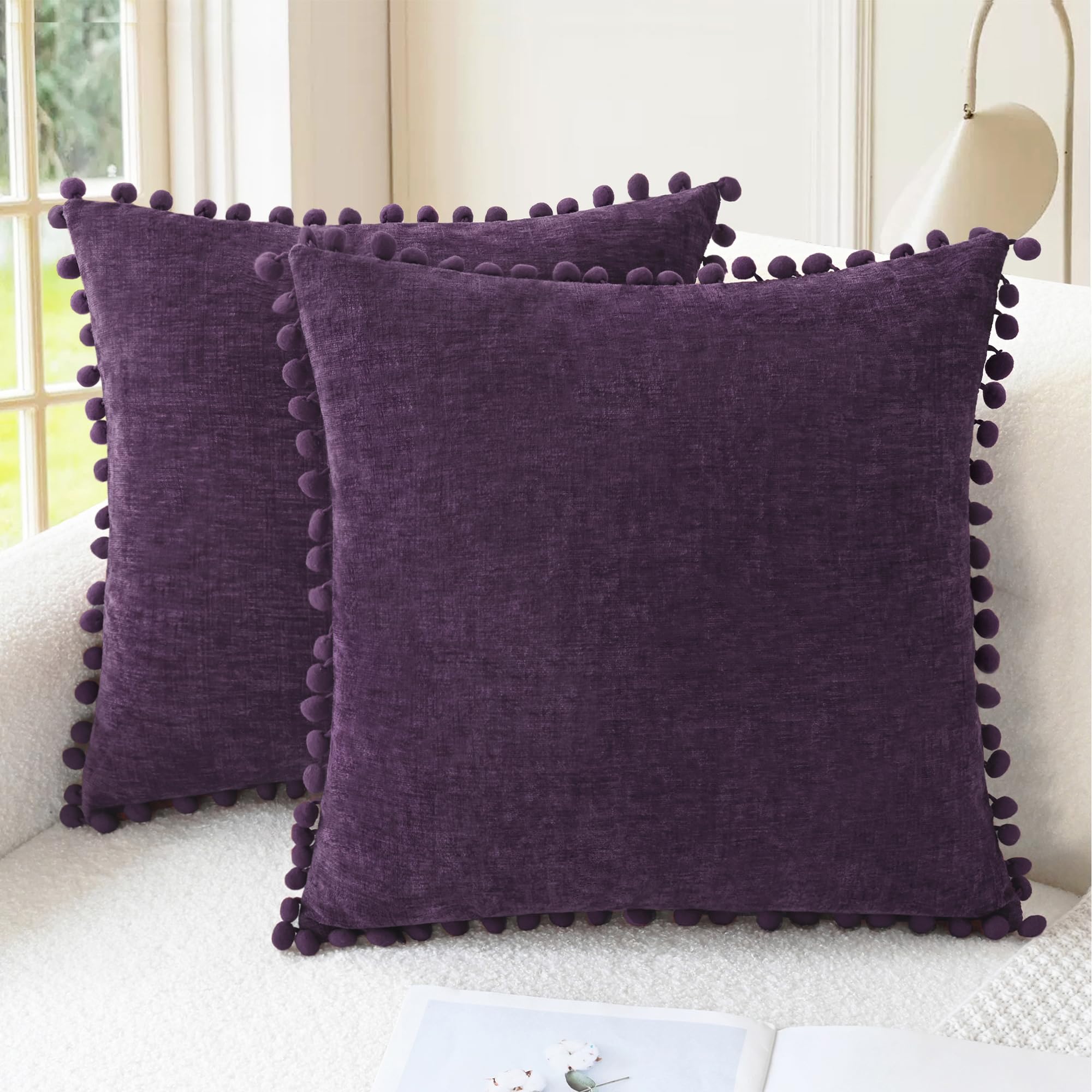 CaliTime Pillow Cases Pack of 2 Cozy Solid Dyed Soft Chenille Cushion Covers with Pom Poms for Couch Sofa Home Decoration 55cm x 55cm Purple