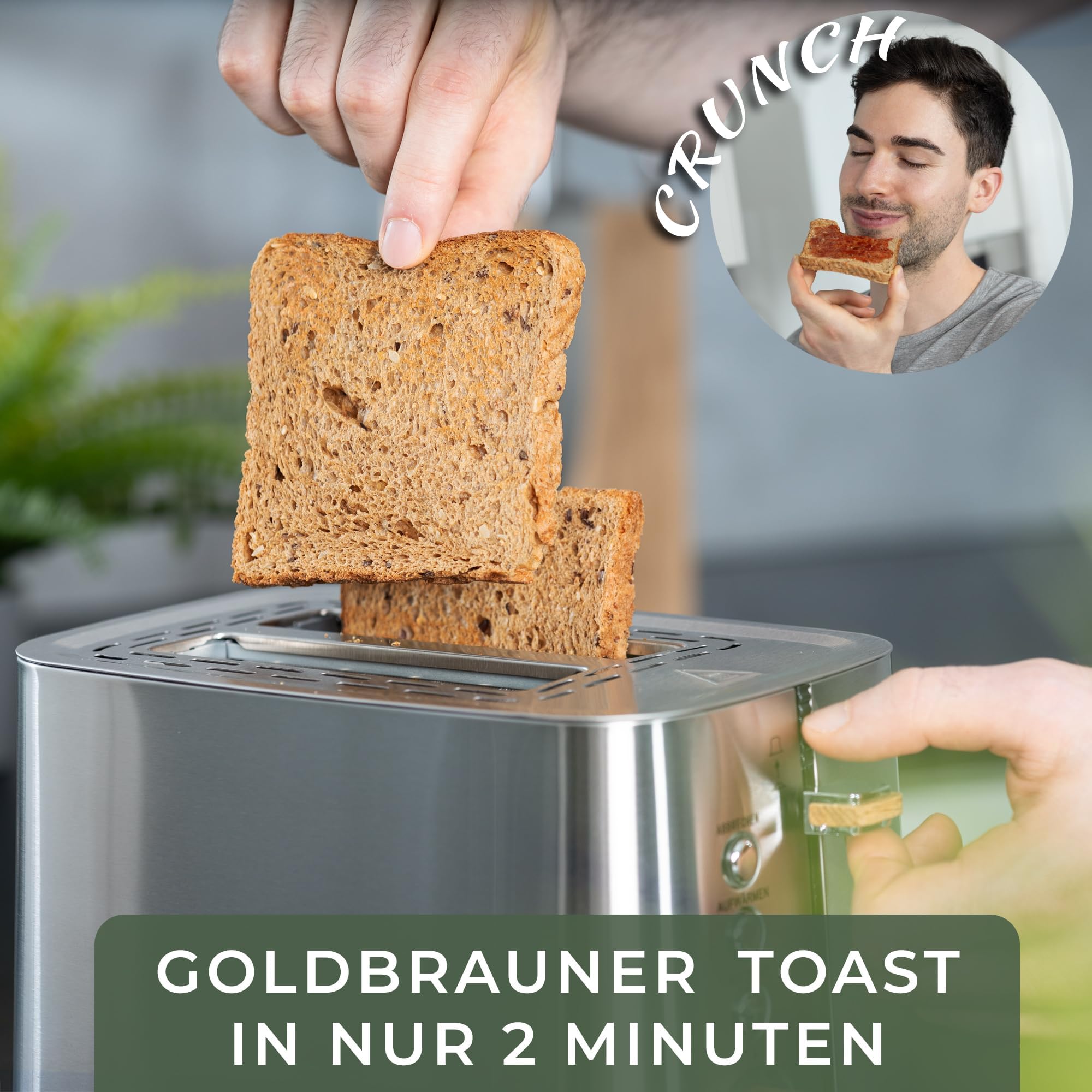 WALDWERK Design Toaster - aus 304 Edelstahl und Eichenholz - für 2 Scheiben - mit Brötchenaufsatz - mit extra breiten und tiefen Toastkammern - mit Krümelschublade 3