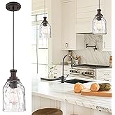 zeyu 1-Light Kitchen Hanging Light Fixture, Farmhouse Island Pendant Lighting, Water Ripple Glass Shade, Oil Rubbed Bronze Fi
