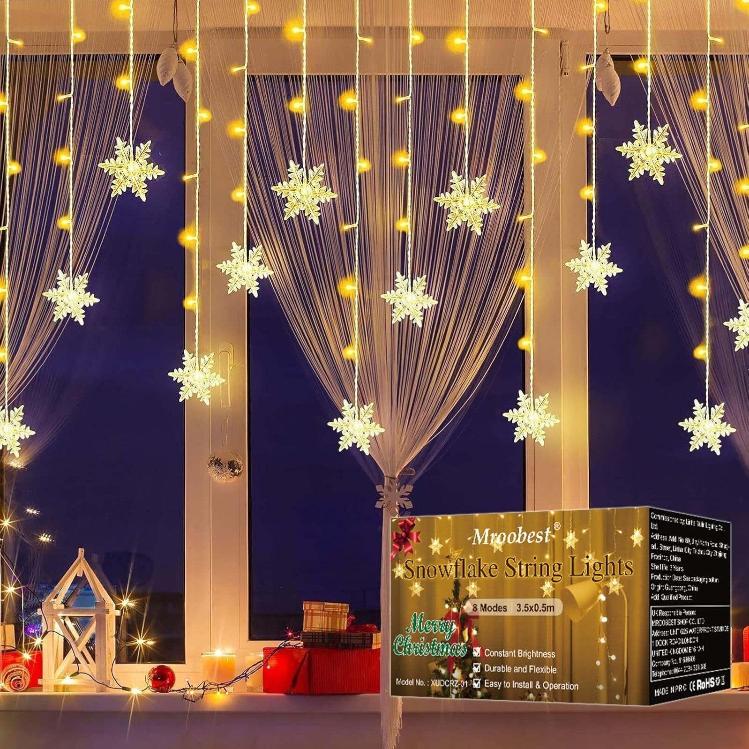 String Lights - Snowflakes Curtain Lights, Christmas Snowflakes Lights with 8 Lighting Modes, 13ft/4M 96LED Snowflake Curtain Night Light, for Christmas, Wedding, Party,Wall, Home Decorations