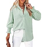 Gleeivy Womens Oversized Button Down Shirts Striped Smocked Cuff Long Sleeve Fall Blouses with Pocket Casual Collar Work Tops
