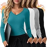 Velvelhall 4 Pack Womens Thermal Fleece Underscrub Shirts Long Sleeve V Neck Tops Fitted Layering Undershirts for Nurse Basic(Green Blue, White, Light Mixed Gray, Black,Large)