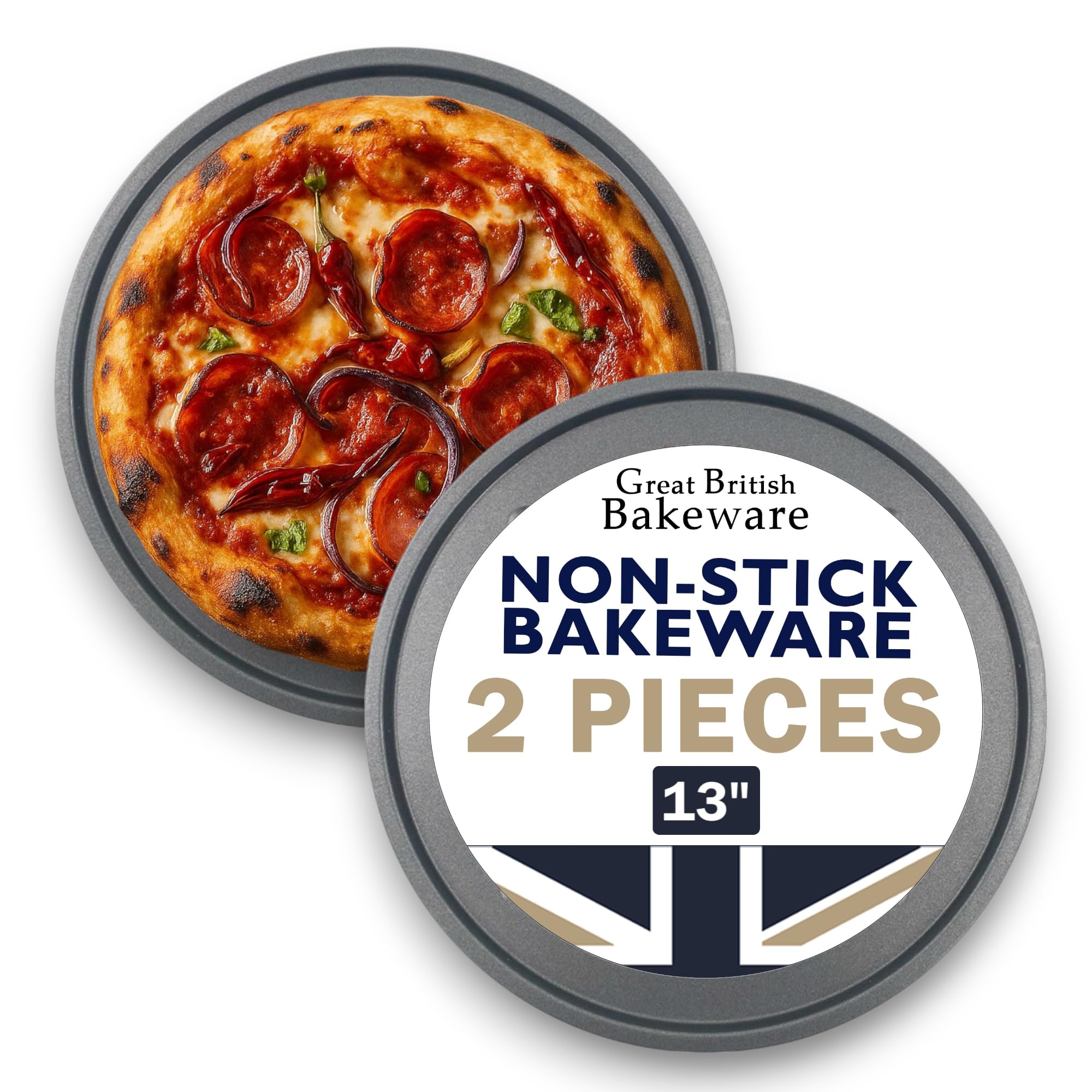 Samuel Groves Pack of 2 Pizza Pan, Pizza Tray, Large 13 Inch (33cm) Non Stick Coating Oven Round Crisper, Pizza Baking Tray, Pizza Trays for Oven Non Stick Made in England