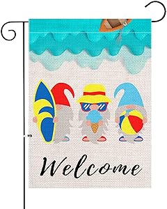 XIFAN Summer Welcome Garden Flag Beach Gnome Heavyweight Burlap Double Sided Small 12.5 x 18 Inch Yard Outdoor Decoration
