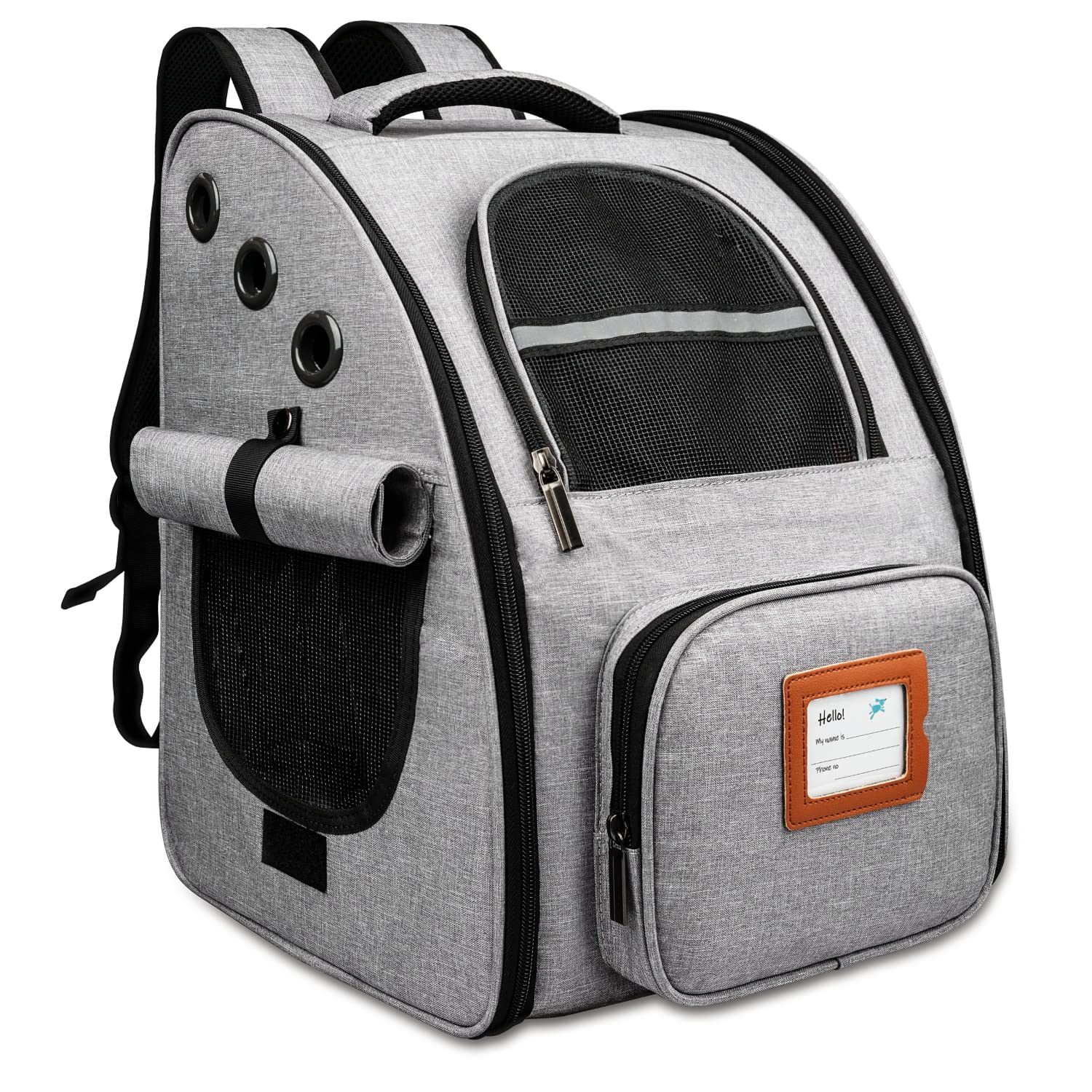 最新型 犬 猫 リュック メッシュ窓3つ カーテン付き 強通気性 飛び出し防止リード マット付き 強安定性 ペットキャリーバッグ お出かけ 小動物用 折り畳可 電車移動散歩 旅行 病院 災害避難に適用 耐荷重 8kg 軽量 グレー Funshare商品画像