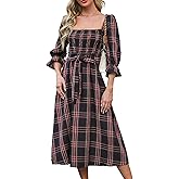 CUPSHE Women's Maxi Dresses Square Neck Plaid Smocked Belted Ruffled Casual Half Trumpet Sleeve A Line Long Party Dress