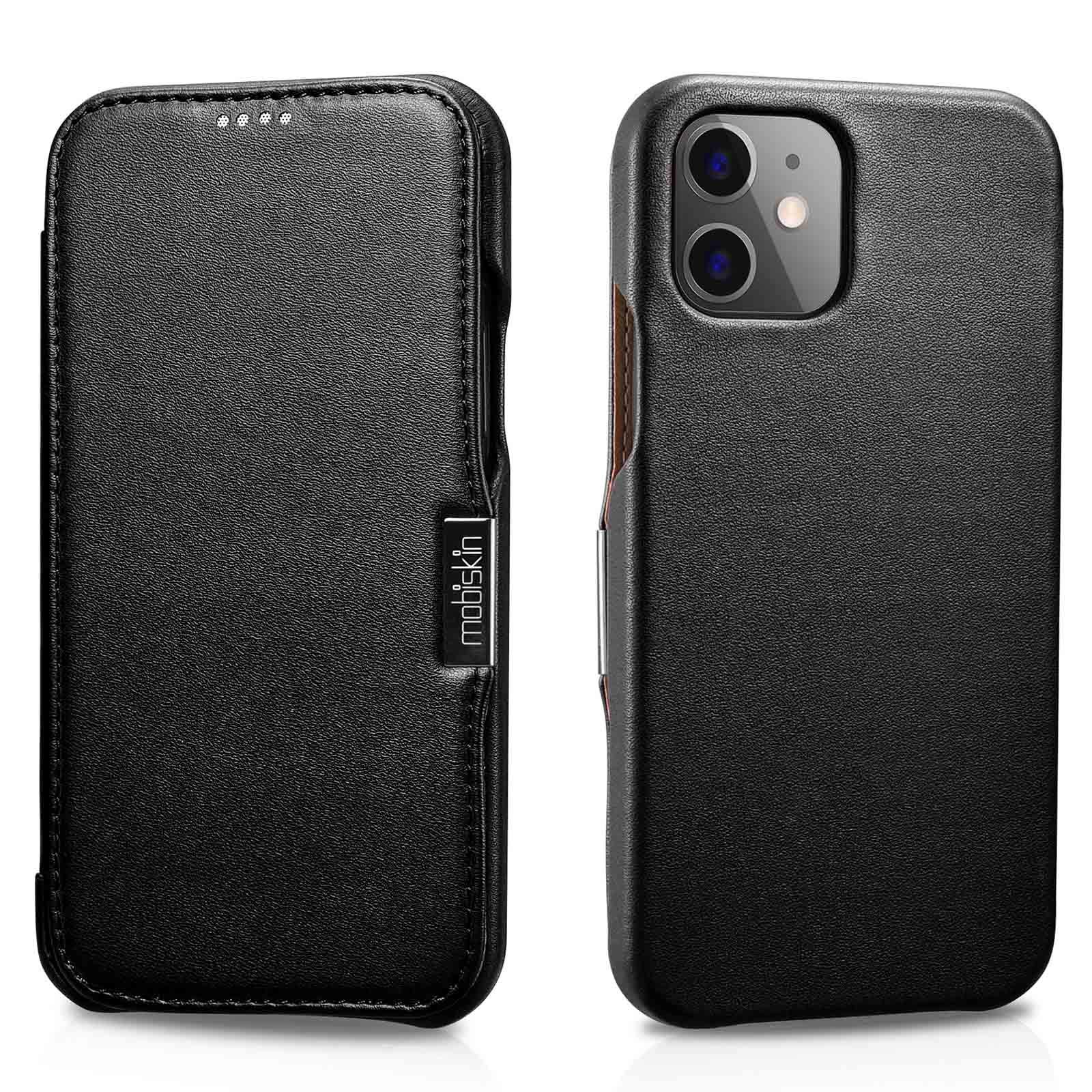 Mobiskin case compatible with Apple iPhone 12 MINI (5.4 inch), cover with genuine leather, book-style protective phone case, ultra-slim folio, thin wallet, black