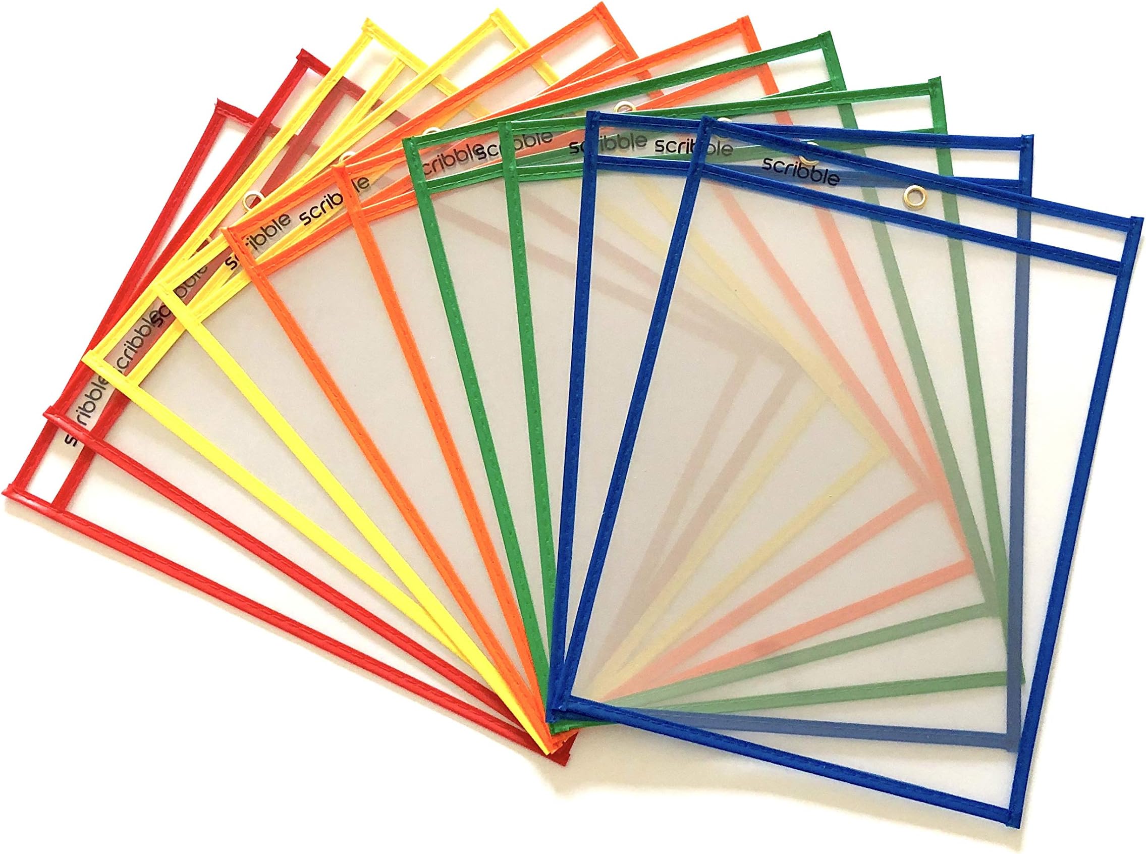 Scribble Reusable Dry Erase Pockets - Clear Easy-Load Sleeves for Classrooms and Home- 10 x 13 inches - Pack of 10, Heavy Duty Paper Holders, that Fit 9 x 12 Sheets, in Assorted Colors,