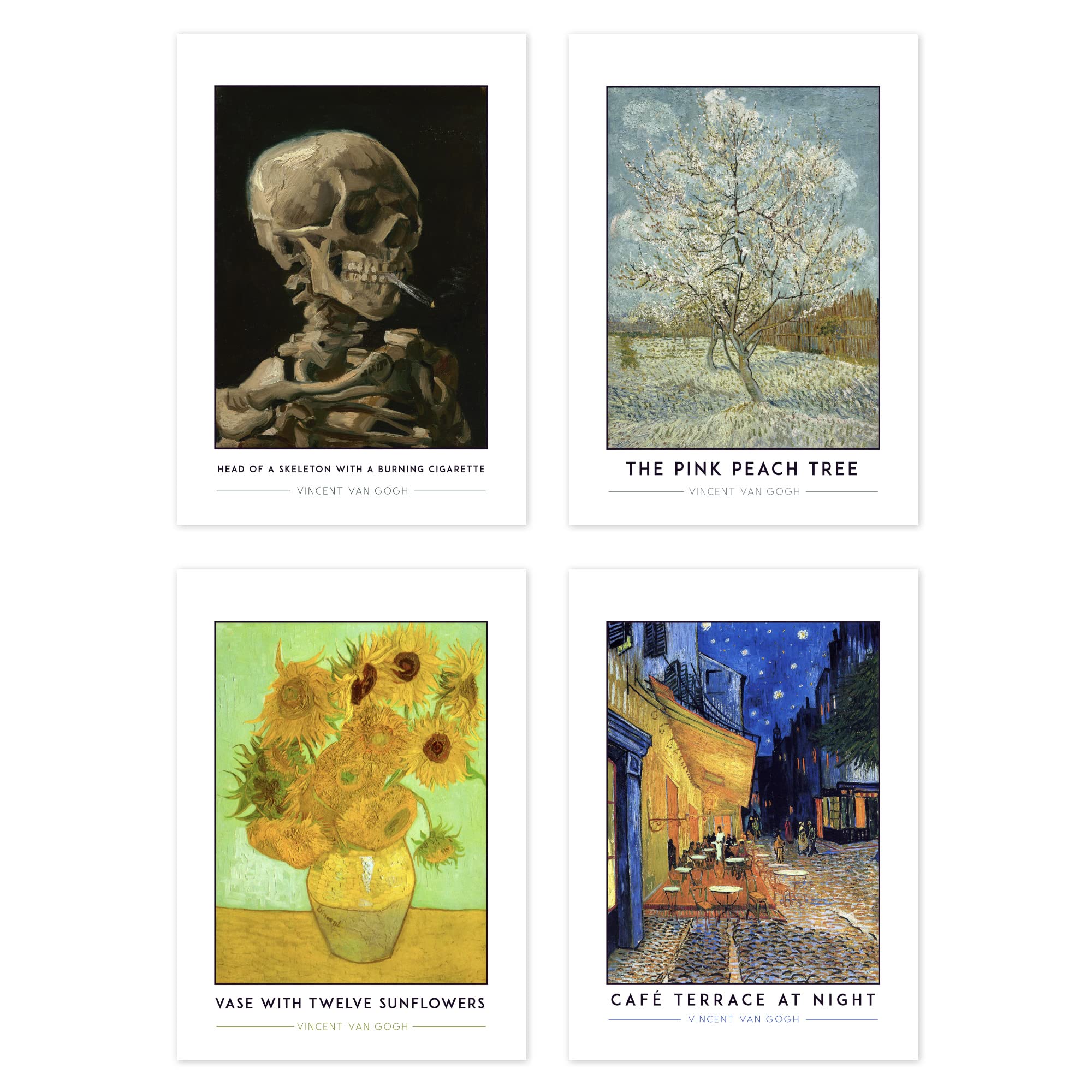Wee Blue Coo Classic Paintings Van Gogh Skeleton Cigarette Pink Peach Tree Twelve Sunflowers Café Terrace A4 Poster Pack of 4 Wall Art