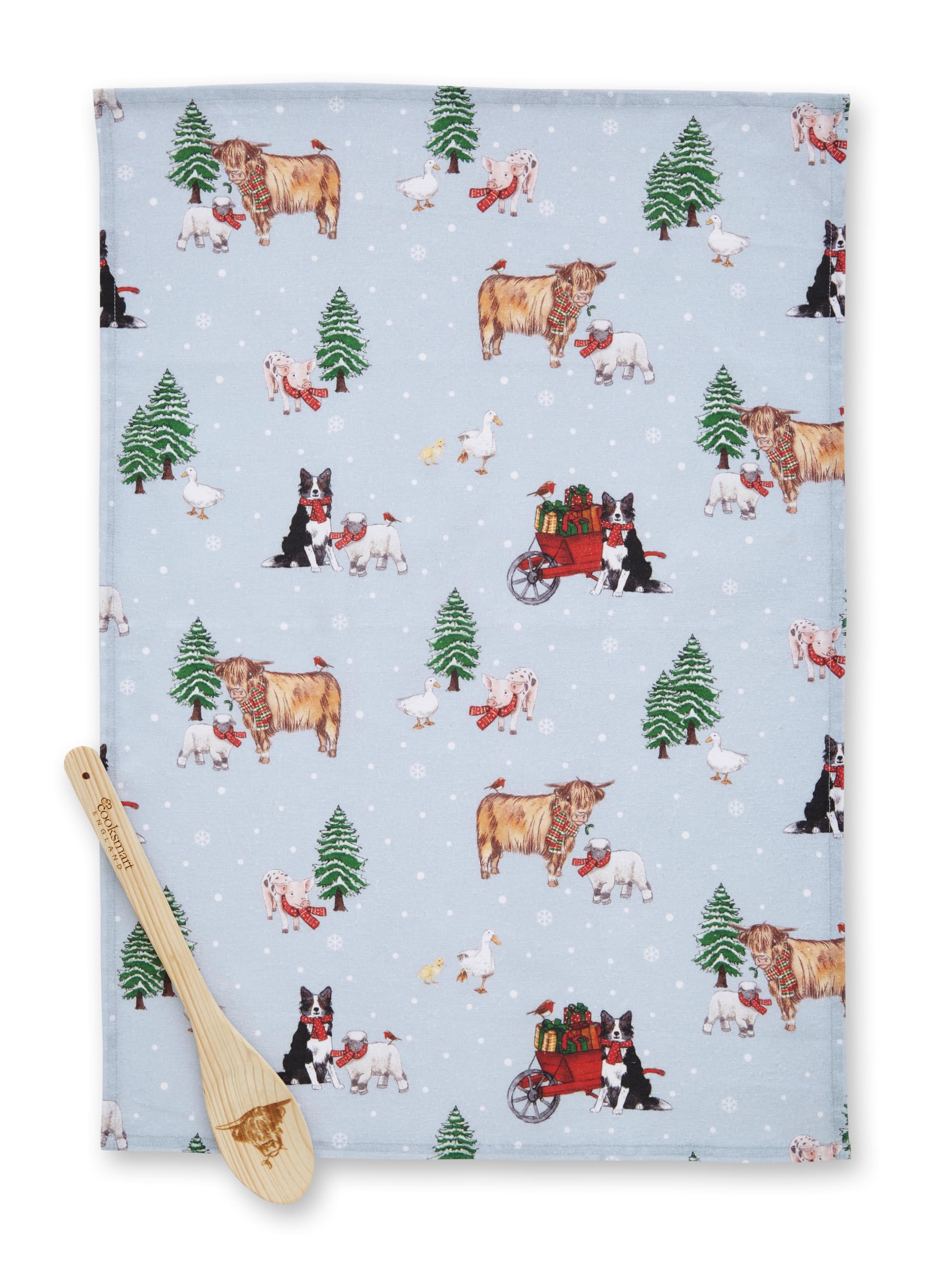 Cooksmart Tea Towel & Wooden Spoon Sets Christmas on the Farm Tea Towel & Spoon Set For Kitchen | Lovely Kitchen Accessories For Home & Restaurent | Ideal Kitchen Towel For Everyday Use