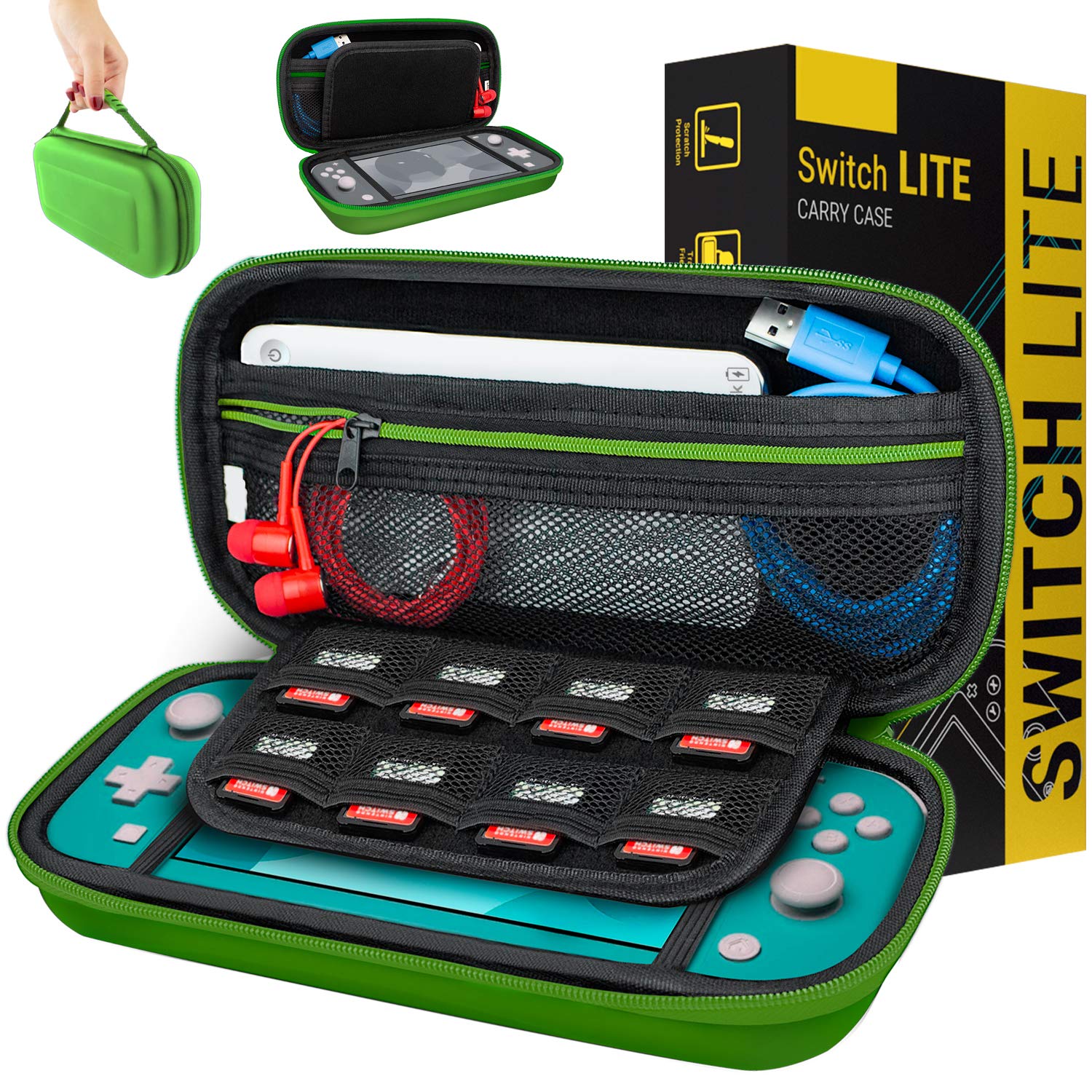 Orzly Case for Nintendo Switch Lite Protective Carry Case with Storage for Switch Lite Games & Accessories [Green]