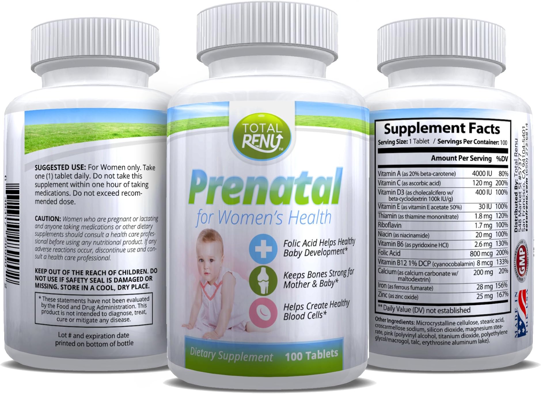 Total Renu Prenatal Vitamins with Folic Acid: Whole-pregnancy, Pre-pregnancy, IVF, Breastfeeding Multivitamin: 100 Tablets, 100% Guaranteed