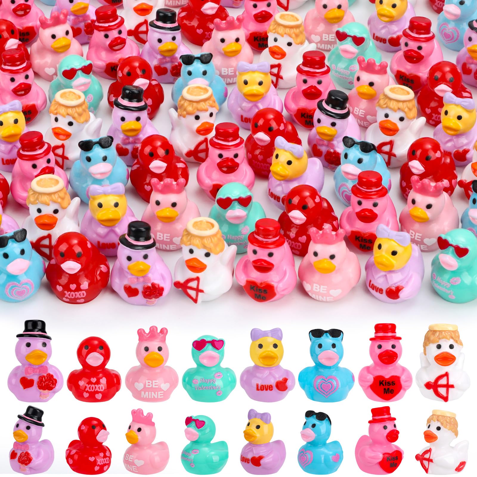Photo 1 of 120 Pcs Valentine's Day Mini Resin Ducks 8 Style Bulk Love Heart Duck Figures to Hide for Valentines Gifts Home Tabletop Garden Miniature Landscape Cake Birthday Party Decor
