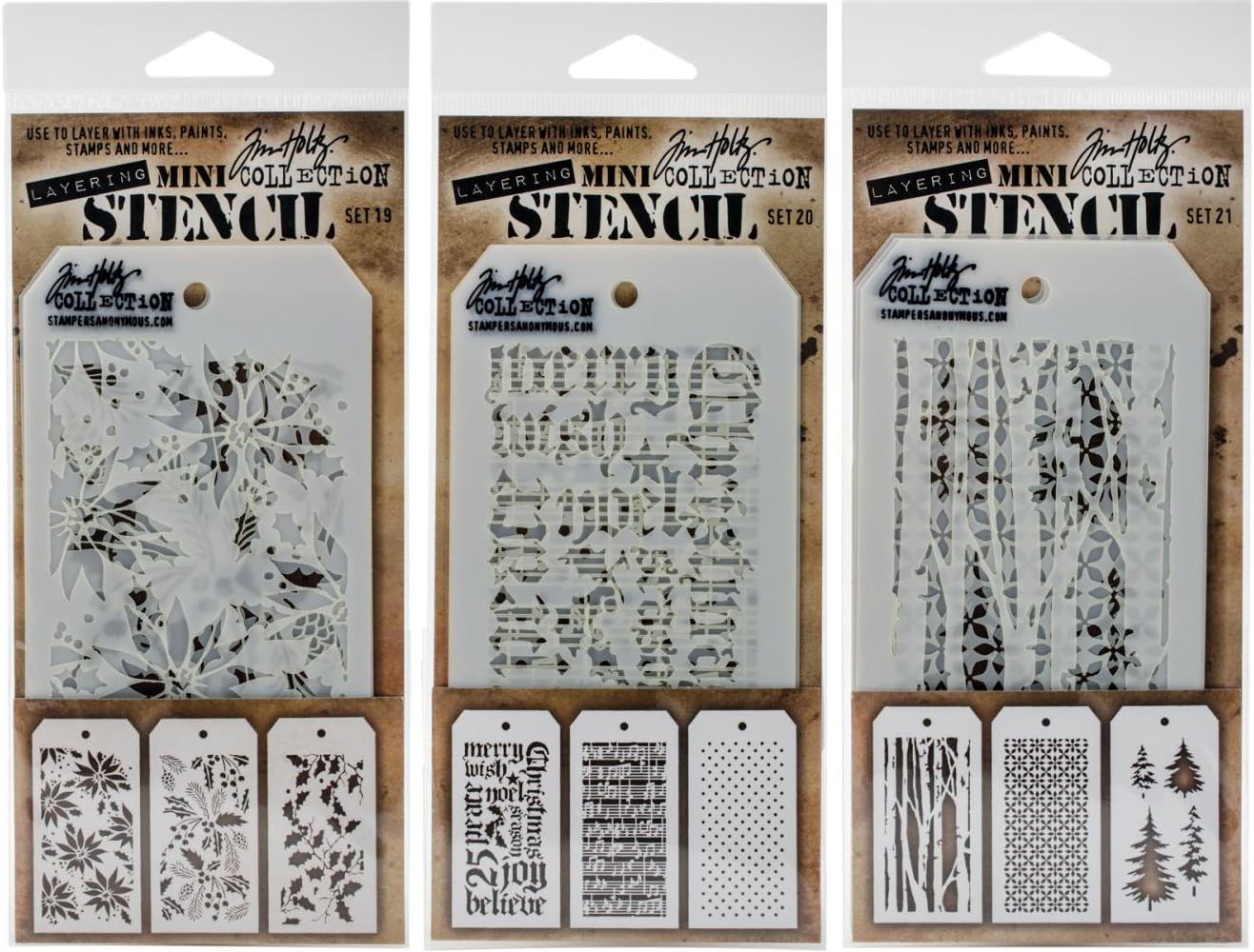 Tim Holtz - Mini Layering Stencils - Sets 19, 20, &amp; 21 - 9 Mini Stencils - Poinsettia, Festive ...