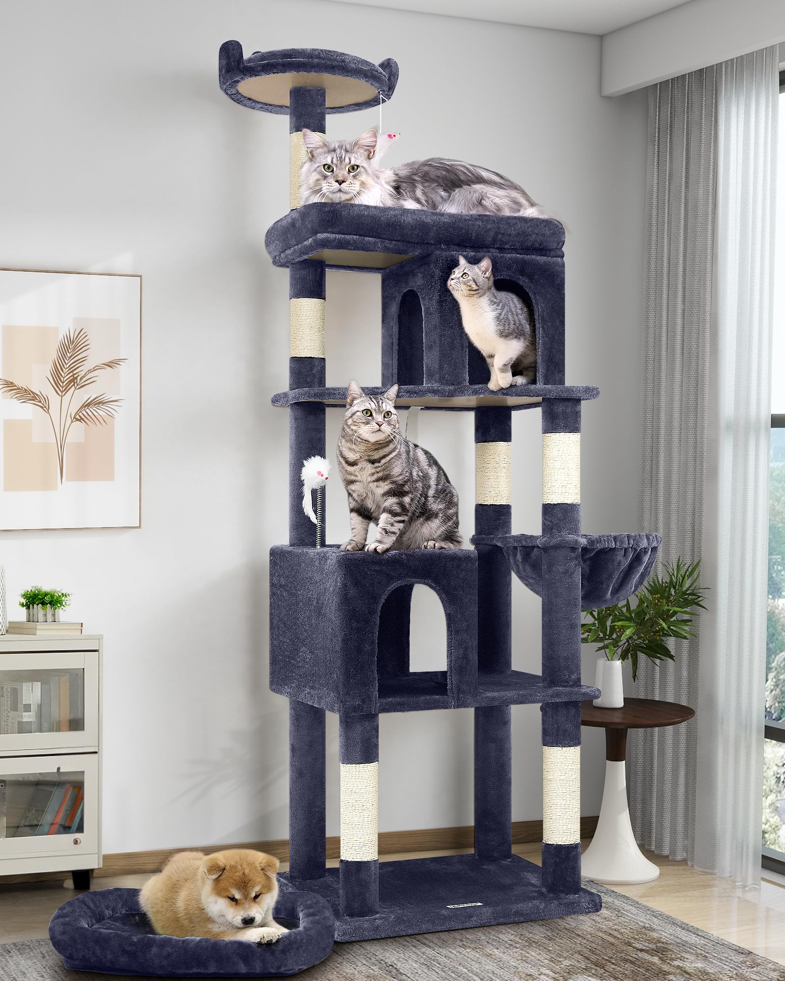 Globlazer Heavy Duty Cat Trees for Large Cats, Sturdy 72in Maine Coon Cat Tree for Large Cats 20 lbs+ Heavy Duty Cat Tower for Adult Biggest Cat with 6 Scratching Posts, Hammock, S72, Smoky Gray Image