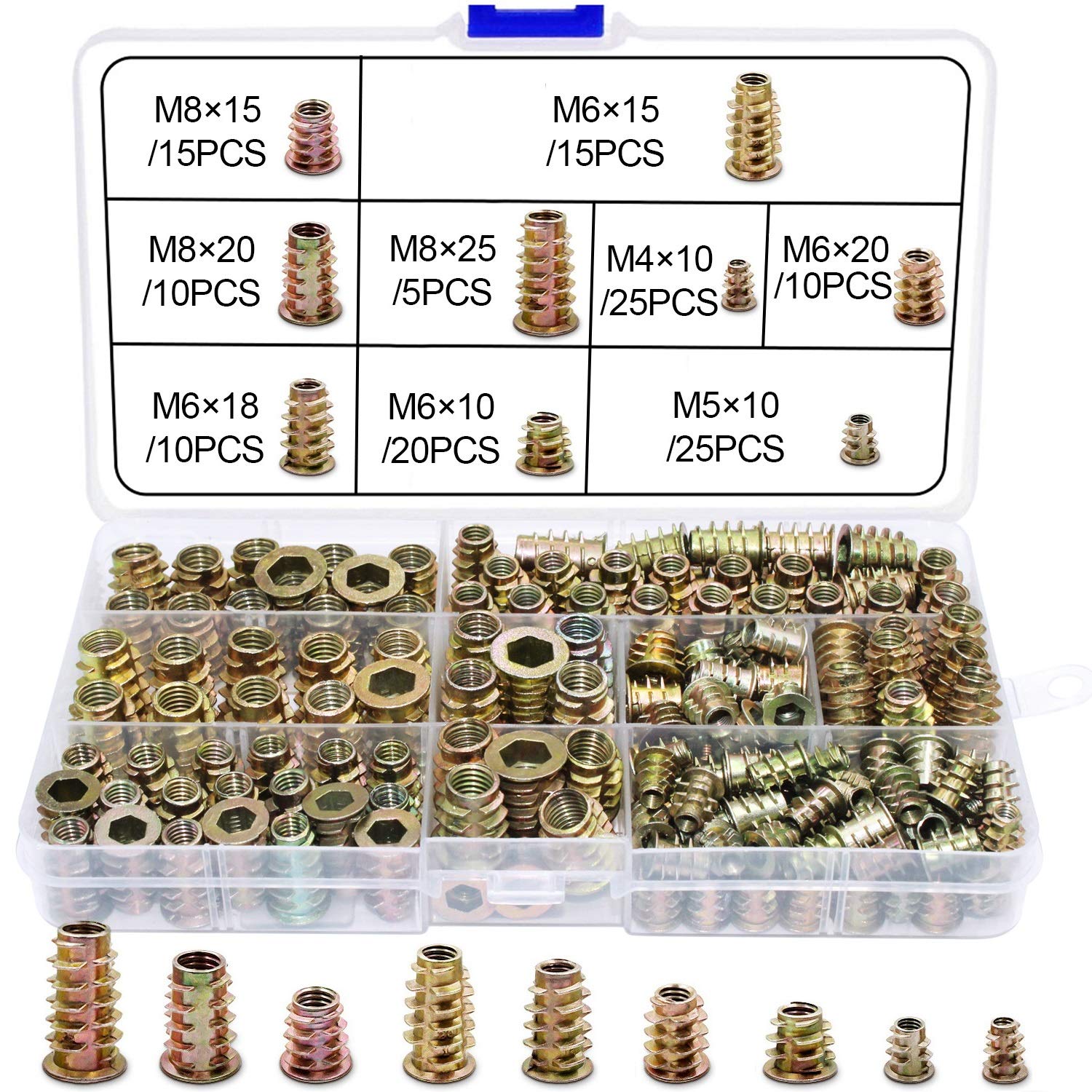 135Pcs Threaded Inserts Zinc Alloy Insert Hex Socket Screw in Nut M4/ M5/ M6/ M8 Flat Head Threaded Rivet Assortment Tool Kit with Storage Box for Wood Furniture Assembly Craftsman