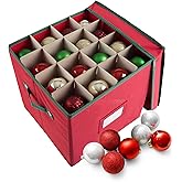 Christmas Decor Storage Box - Red Oxford Canvas Ornament Cube Chest With 64 Compartment Dividers, Riveted Handles, and Lid by Elf Stor