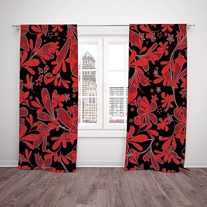 2 Panel Set Window Drapes Kitchen Curtains Red And Black Ethnic