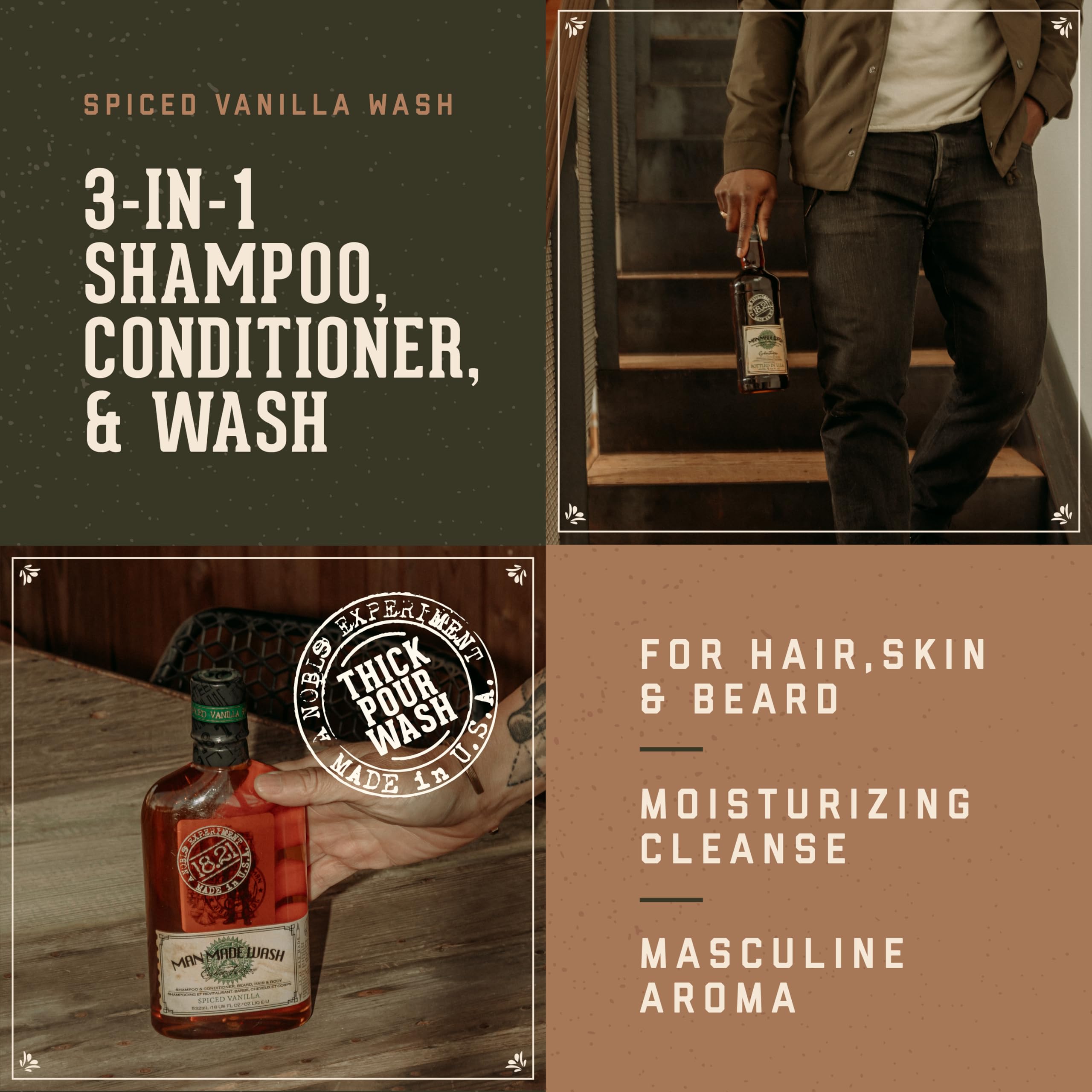 18.21 Man Made Original 3-in-1 Body Wash, Shampoo, & Conditioner for Men - Thick-Pour Formula with Extra Lather, All Hair & Skin Types, Strengthens and Moisturizes in a Manly Aroma