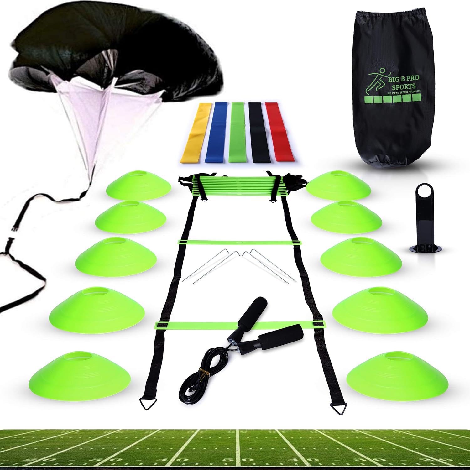 Big B Pro Sports Speed Agility Training Set - Includes Ladder, 10 Cones with Holder, Running Parachute, Jump Rope, Resistance Bands - for Training Football, Soccer, Hockey, and Basketball Athletes. : Sports & Outdoors