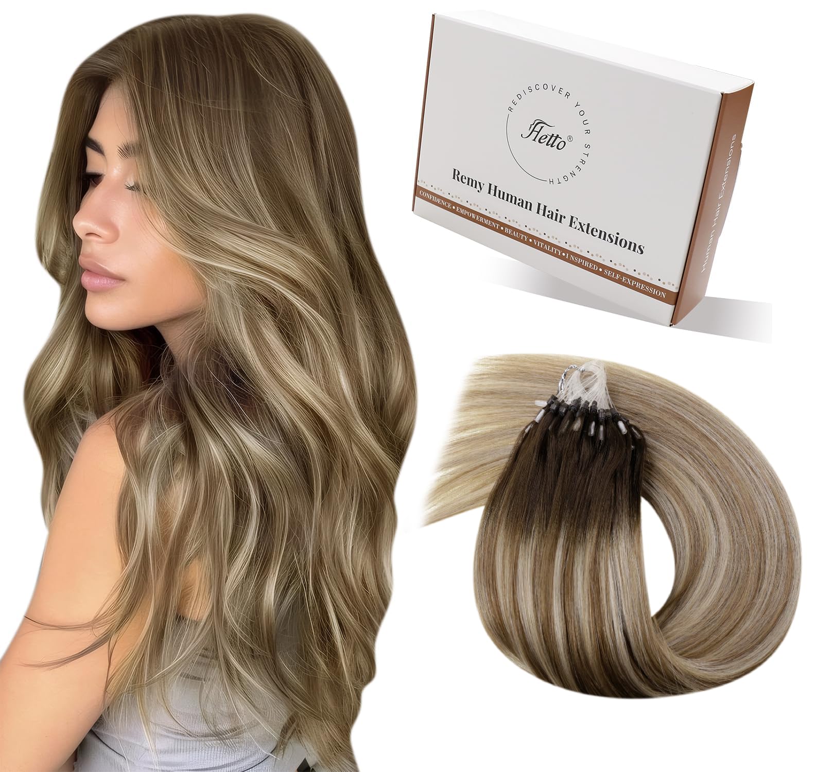 Hetto Micro Beads Hair Extensions Balayage Brown to Blonde - Straight No Glue Micro Rings Real Human Hair, Easy Remove Hairpieces for Temporary Styling #3/8/22 14 Inch 50g 50strands — image 1