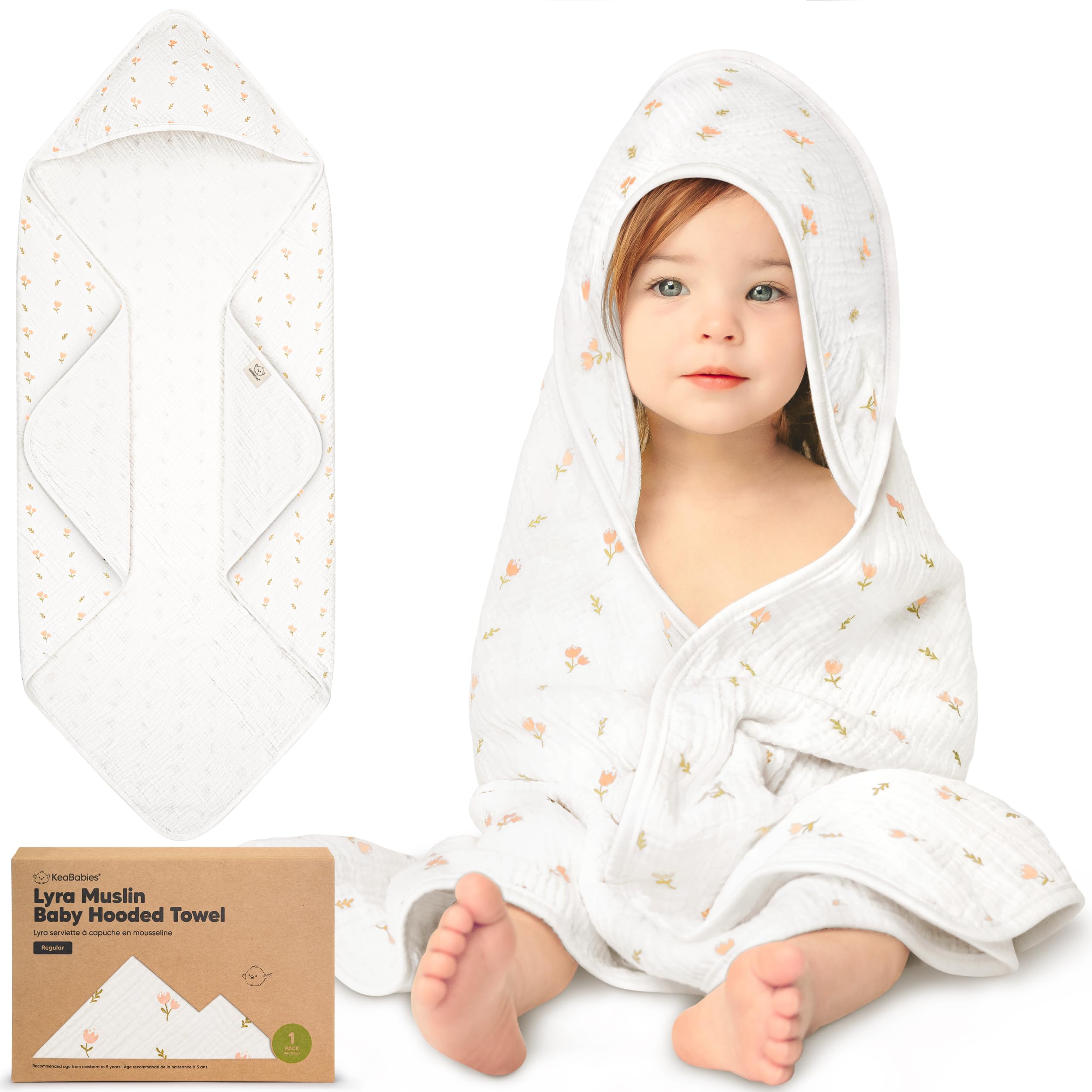Photo 1 of KeaBabies Muslin Baby Bath Towels with Hood for Girls, Boys, Large Organic Cotton Hooded Baby Towels for Newborns, Toddlers, Infant, Kids, Soft Absorbent Newborn Bath Essentials Gift Set (Tulips)