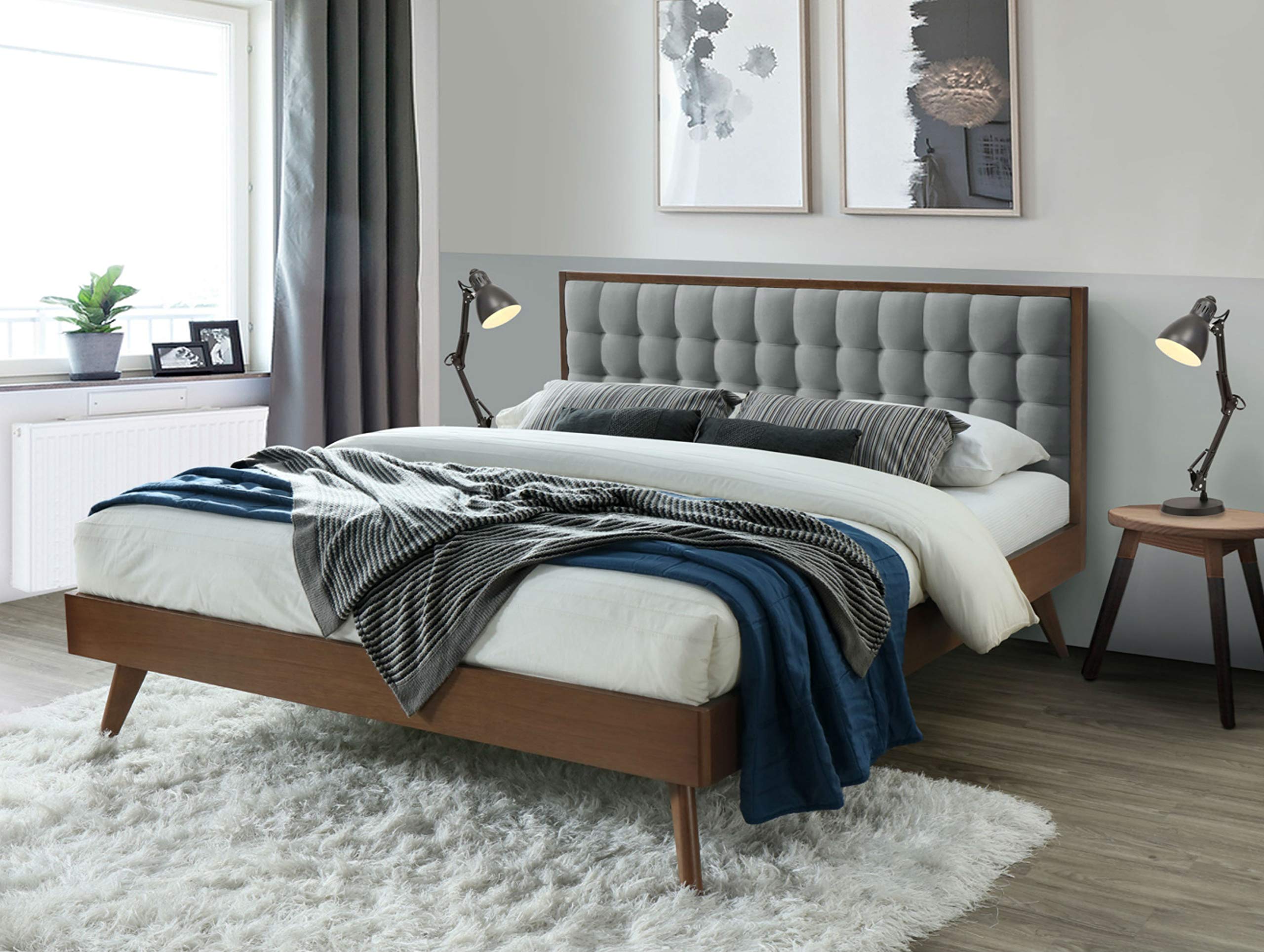 DG Casa Soloman Mid Century Modern Tufted Upholstered Platform Bed Frame, King Size in Grey Fabric, Gray