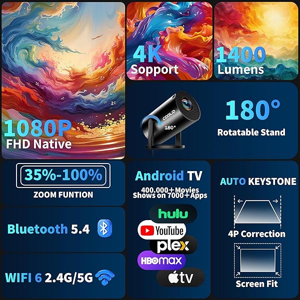 [BUILT-IN APPS & 2026 UPGRADED] MINI PROJECTOR SUPPORT 4K 1080P AUTO KEYSTONE 180° ROTATABLE WITH WIFI 6 AND BLUETOOTH 5.4, PROJECTOR PORTABLE COMPATIBILE WITH HDMI/TV STICK/MEMORY STICK/LAPTOP-BLACK