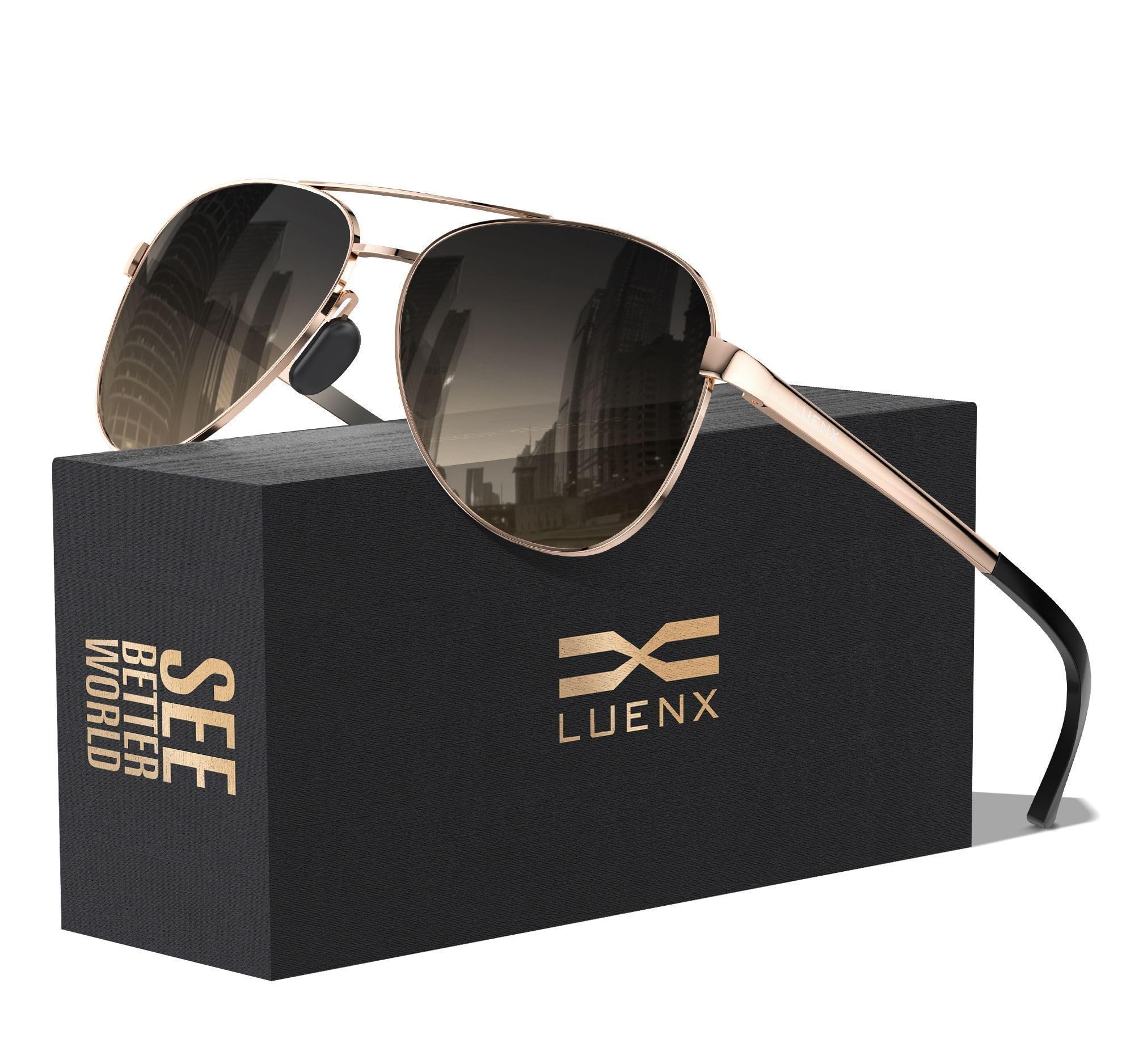 Photo 1 of ***MINOR DAMAGE*** LUENX Aviator Sunglasses for Mens Women Polarized Gradient Brown Lens Metal Rose Gold Frame