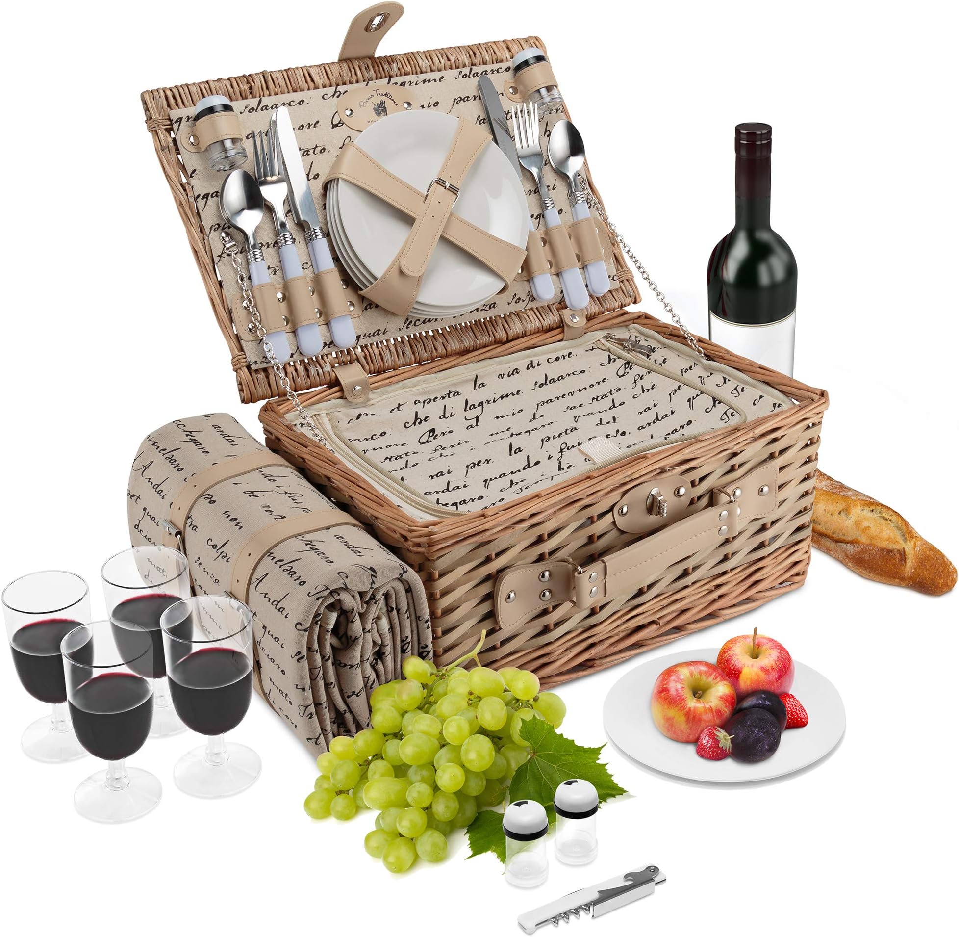 Wicker Picnic Basket | 4 Person Vintage Style Woven Willow Picnic Hamper with Blanket | Built-In Cooler | Ceramic Plates, Stainless Steel Silverware, Wine Glasses, S/P Shakers, Bottle Opener (Natural)
