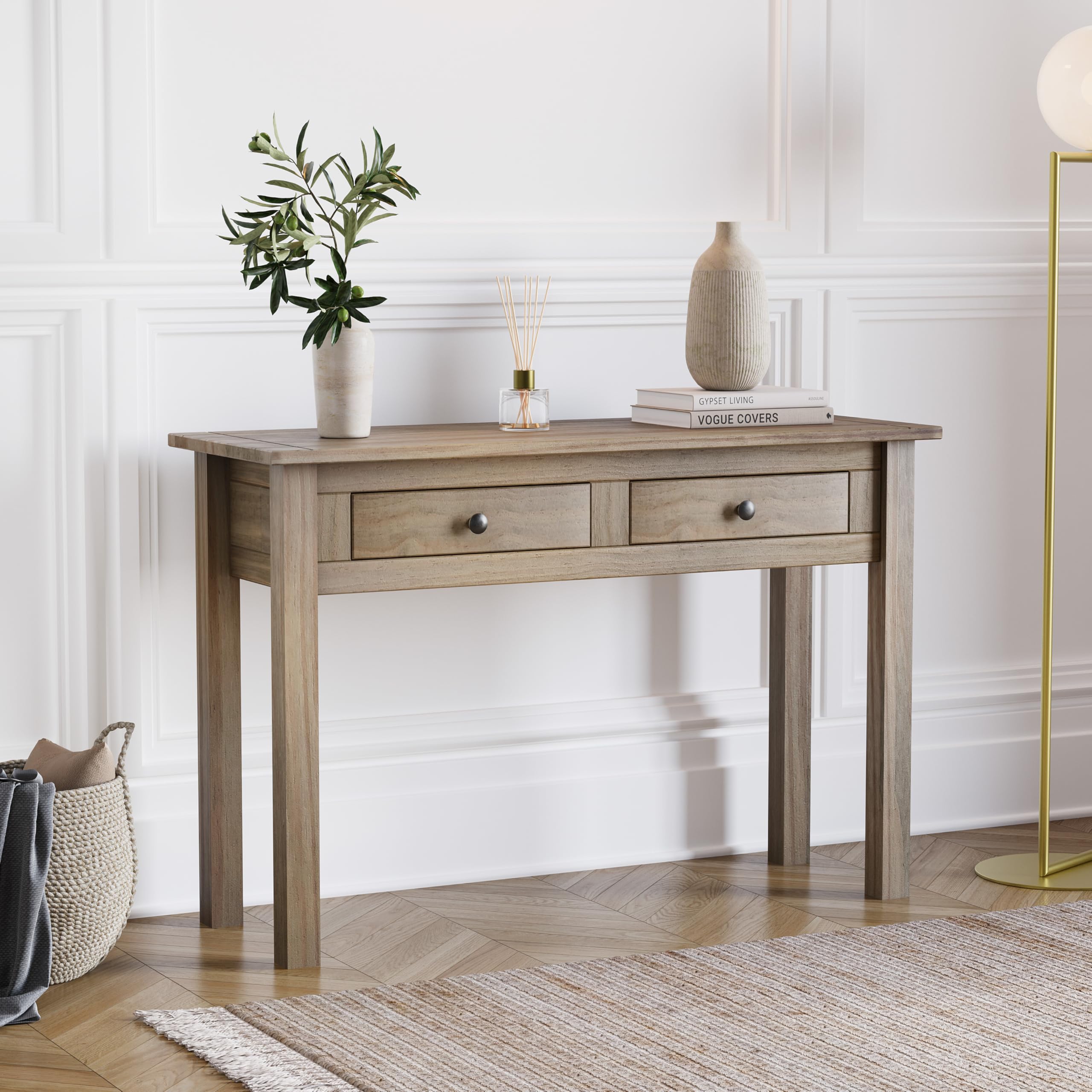 Vida Designs Panama Console Table 2 Drawer, Living Room Furniture, Natural Oak, Wax Finish