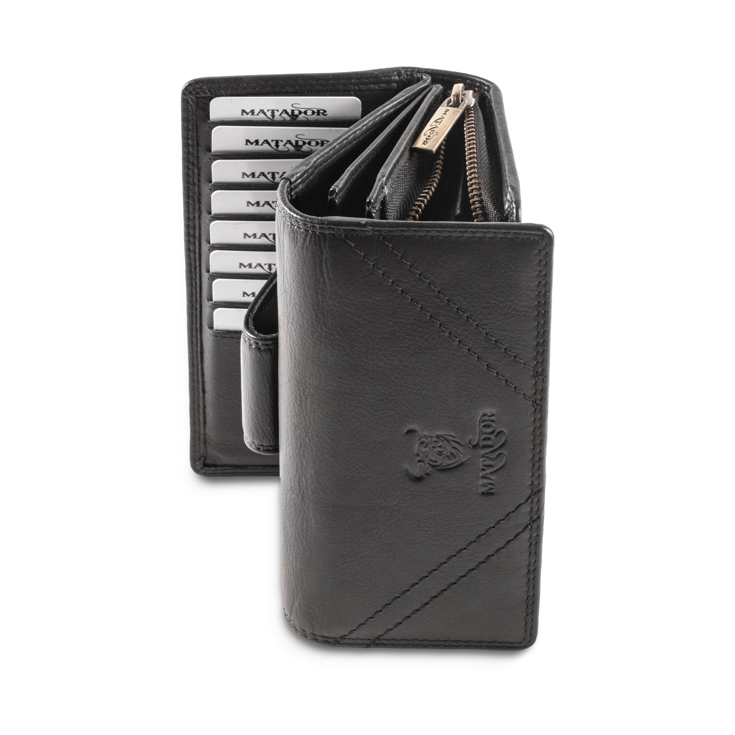 MATADOR Women's Genuine Leather Wallet RFID Protection XXL Many Card Slots, Black, 18x10x4 CM, Vintage