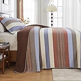 SahSahCasa 100% Cotton 128"x120" Oversized California King Bedspread Coverlet Quilt Set, Cal King Quilted Striped Bedspread Extra Large Reversible XL Bed Spread Lightweight Comforter, Brown