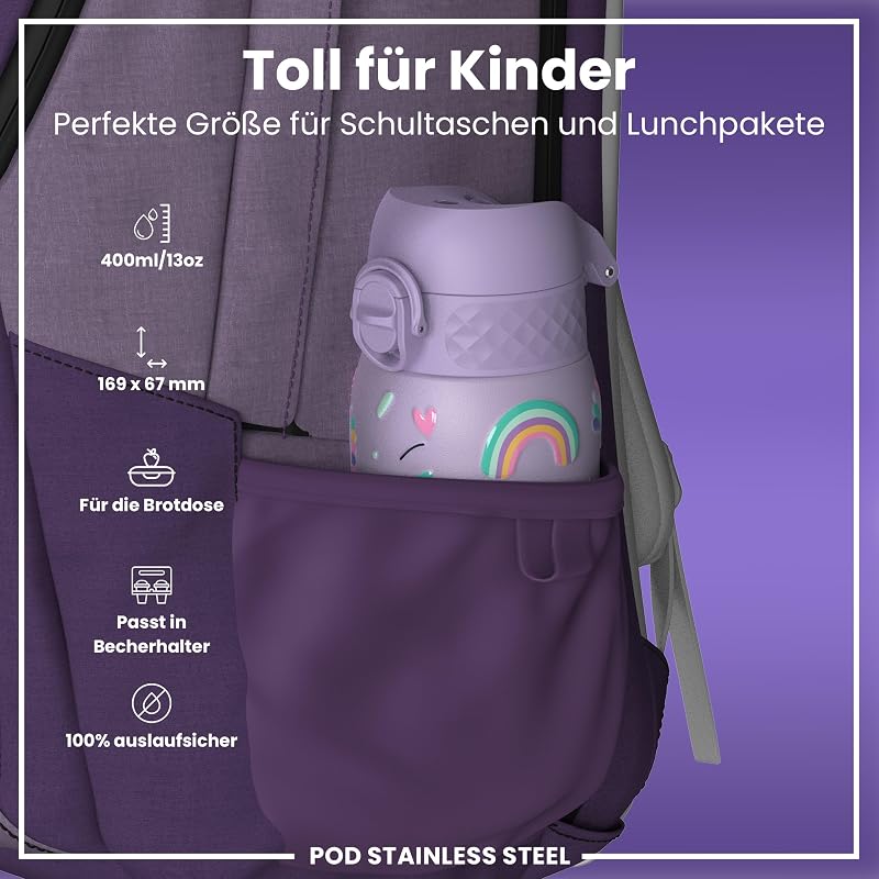 Kinder Trinkflasche Edelstahl Leicht 400ml Nicht Isoliert Auslaufsicher Einhandöffnung Sichere Verriegelung Spülmaschinenfest Klappdeckel Leicht zu Reinigen, Violett Einhorn